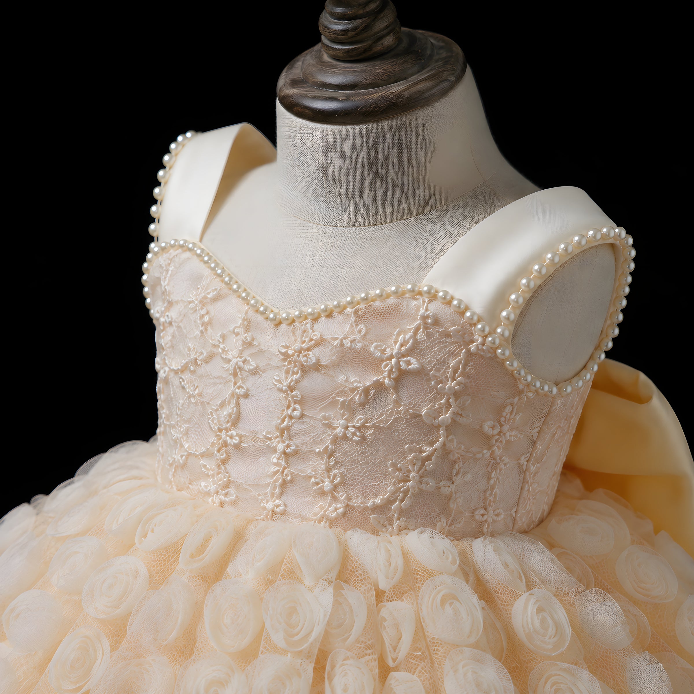 Girls Champagne Lace Dotted Tulle Dress with Oversized Bow Train - Flower Girl, Birthday & Cake Smash