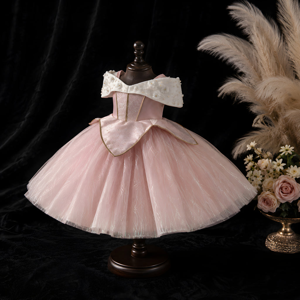 Girls Pink Tulle Princess Ball Gown with Pearl Flower Off-Shoulder Collar - Birthday, Flower Girl & Photoshoot