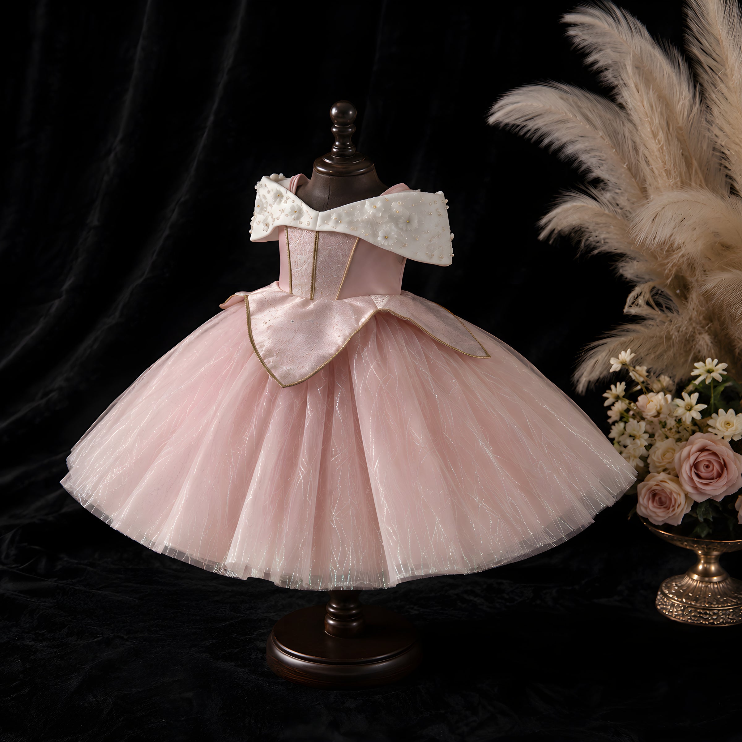 Girls Pink Tulle Princess Ball Gown with Pearl Flower Off-Shoulder Collar - Birthday, Flower Girl & Photoshoot
