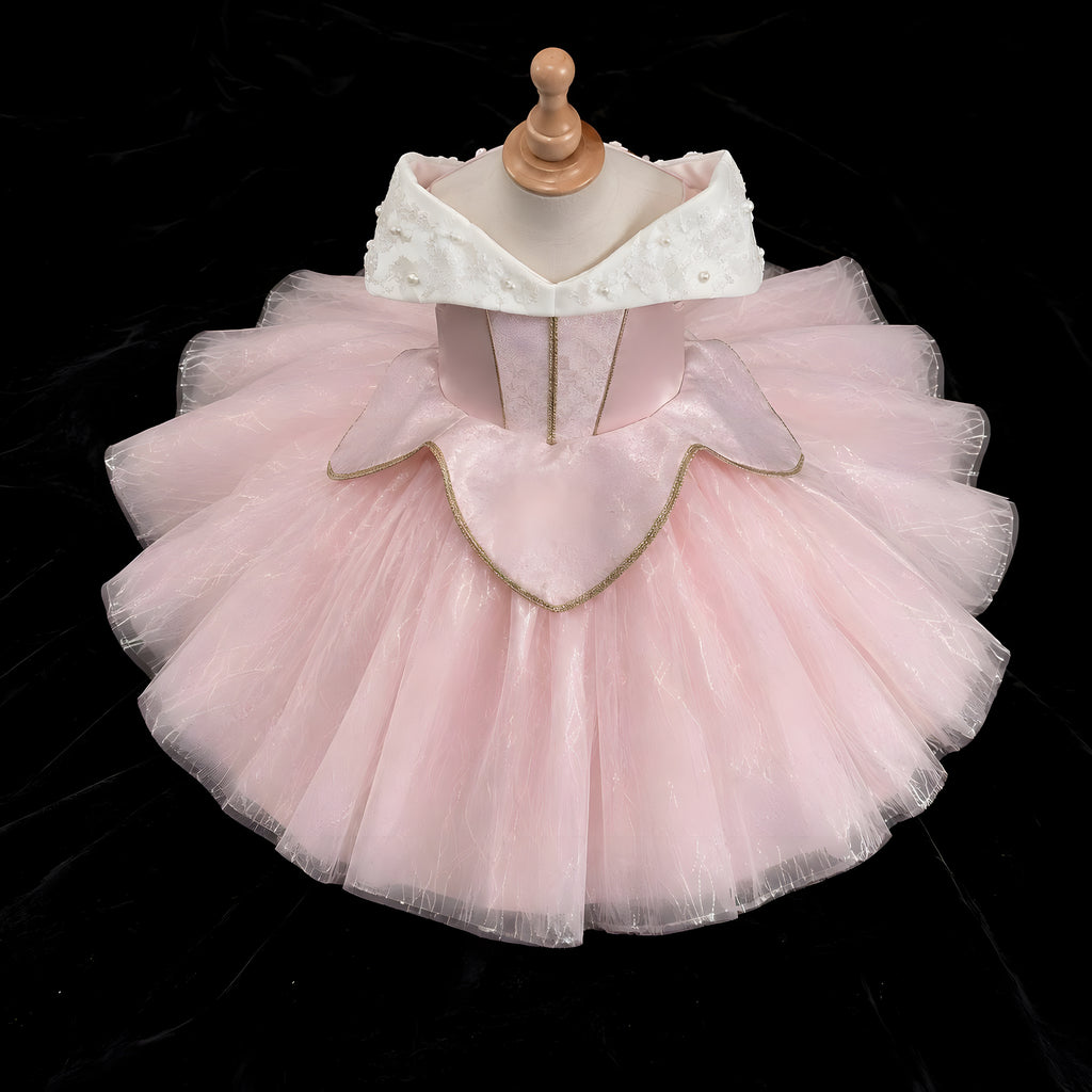 Girls Pink Tulle Princess Ball Gown with Pearl Flower Off-Shoulder Collar - Birthday, Flower Girl & Photoshoot