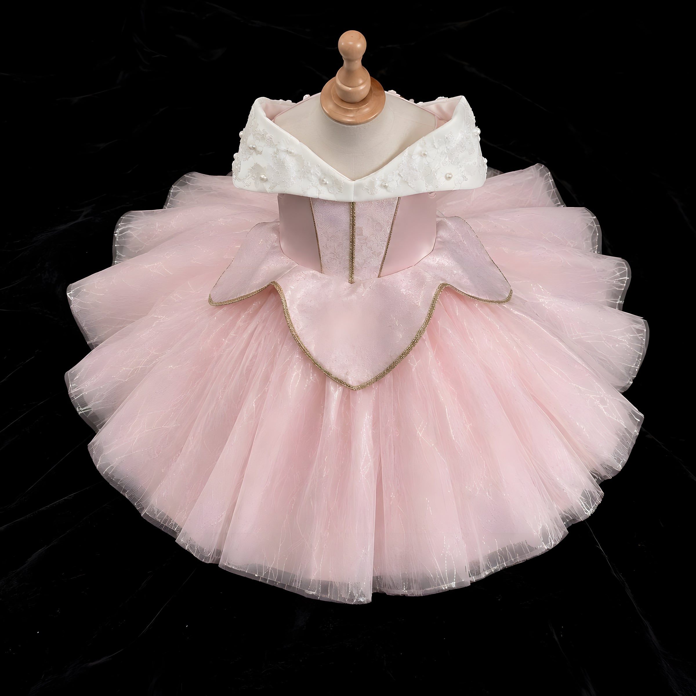 Girls Pink Tulle Princess Ball Gown with Pearl Flower Off-Shoulder Collar - Birthday, Flower Girl & Photoshoot