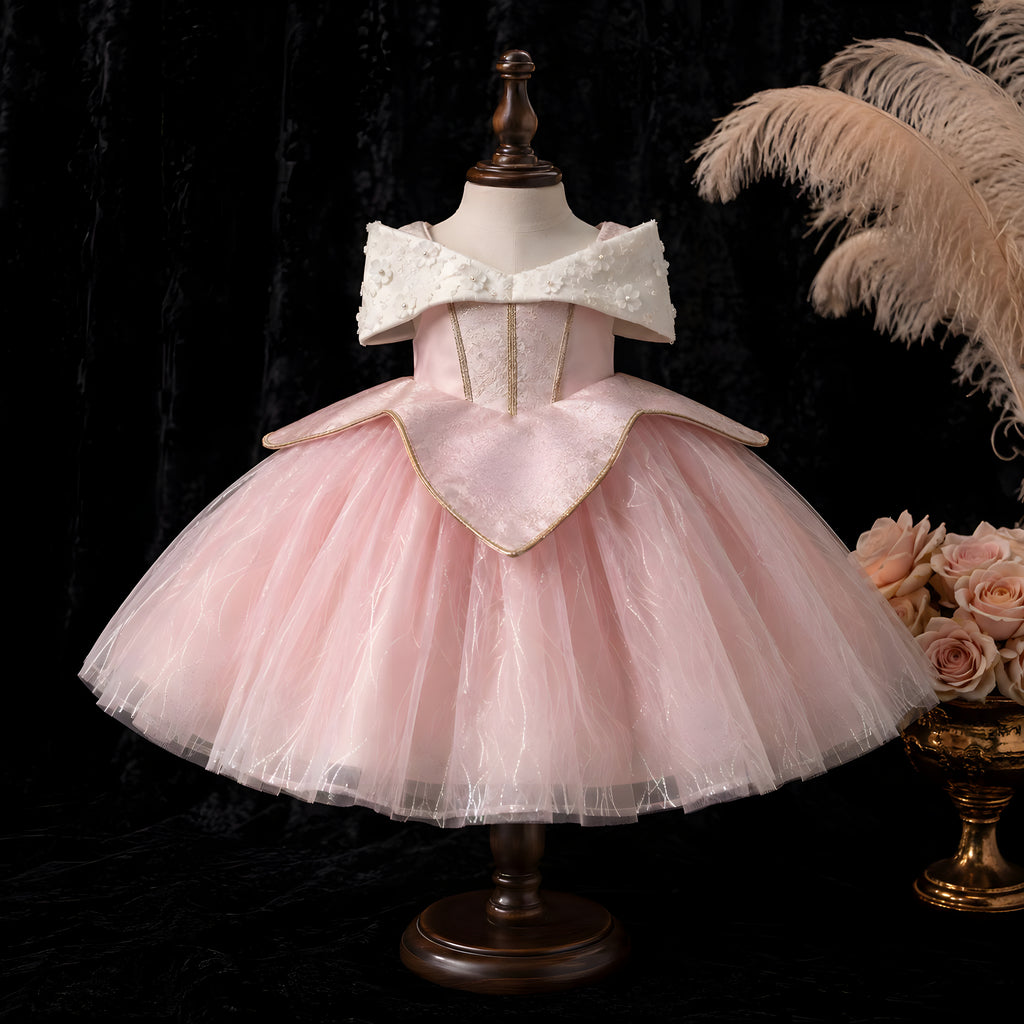 Girls Pink Tulle Princess Ball Gown with Pearl Flower Off-Shoulder Collar - Birthday, Flower Girl & Photoshoot
