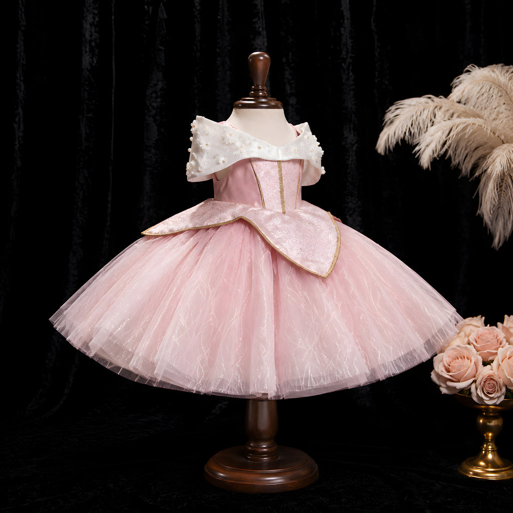 Girls Pink Tulle Princess Ball Gown with Pearl Flower Off-Shoulder Collar - Birthday, Flower Girl & Photoshoot