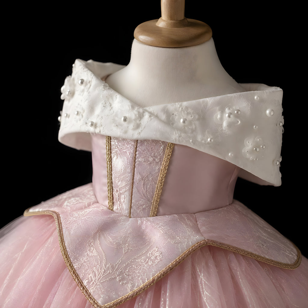 Girls Pink Tulle Princess Ball Gown with Pearl Flower Off-Shoulder Collar - Birthday, Flower Girl & Photoshoot
