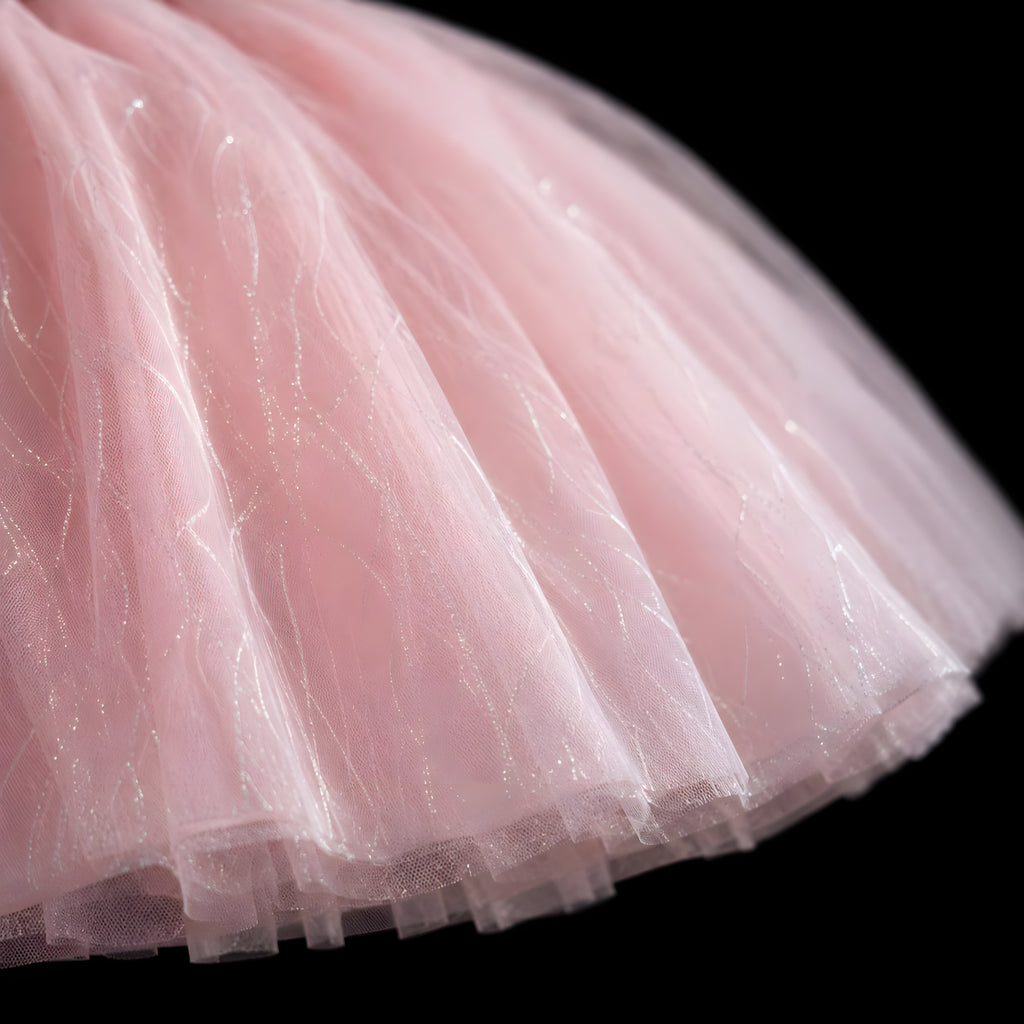 Girls Pink Tulle Princess Ball Gown with Pearl Flower Off-Shoulder Collar - Birthday, Flower Girl & Photoshoot