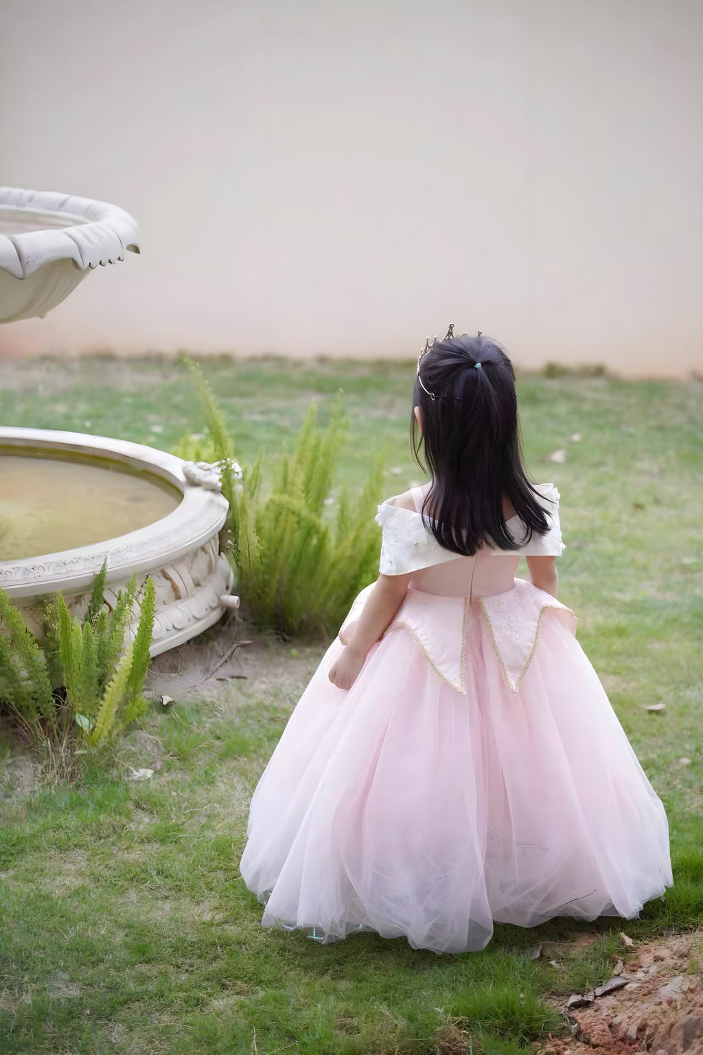 Girls Pink Tulle Princess Ball Gown with Pearl Flower Off-Shoulder Collar - Birthday, Flower Girl & Photoshoot