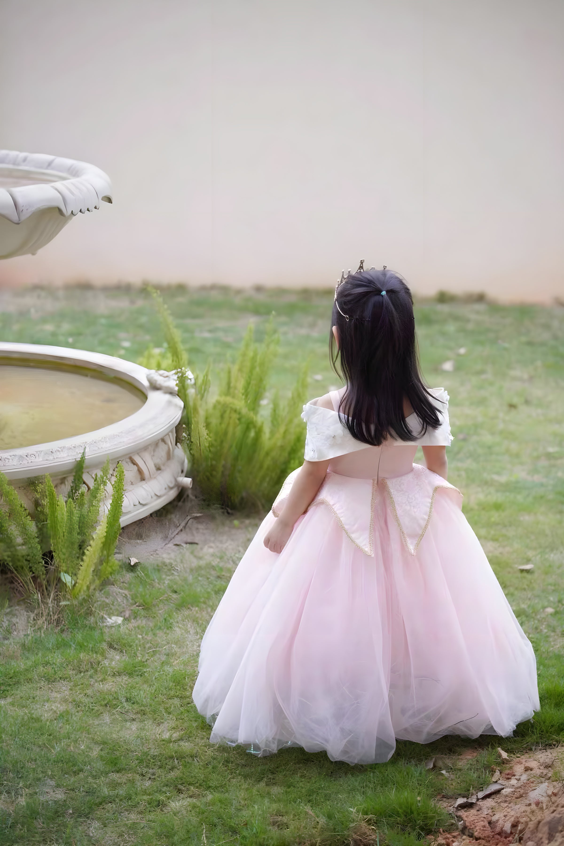 Girls Pink Tulle Princess Ball Gown with Pearl Flower Off-Shoulder Collar - Birthday, Flower Girl & Photoshoot