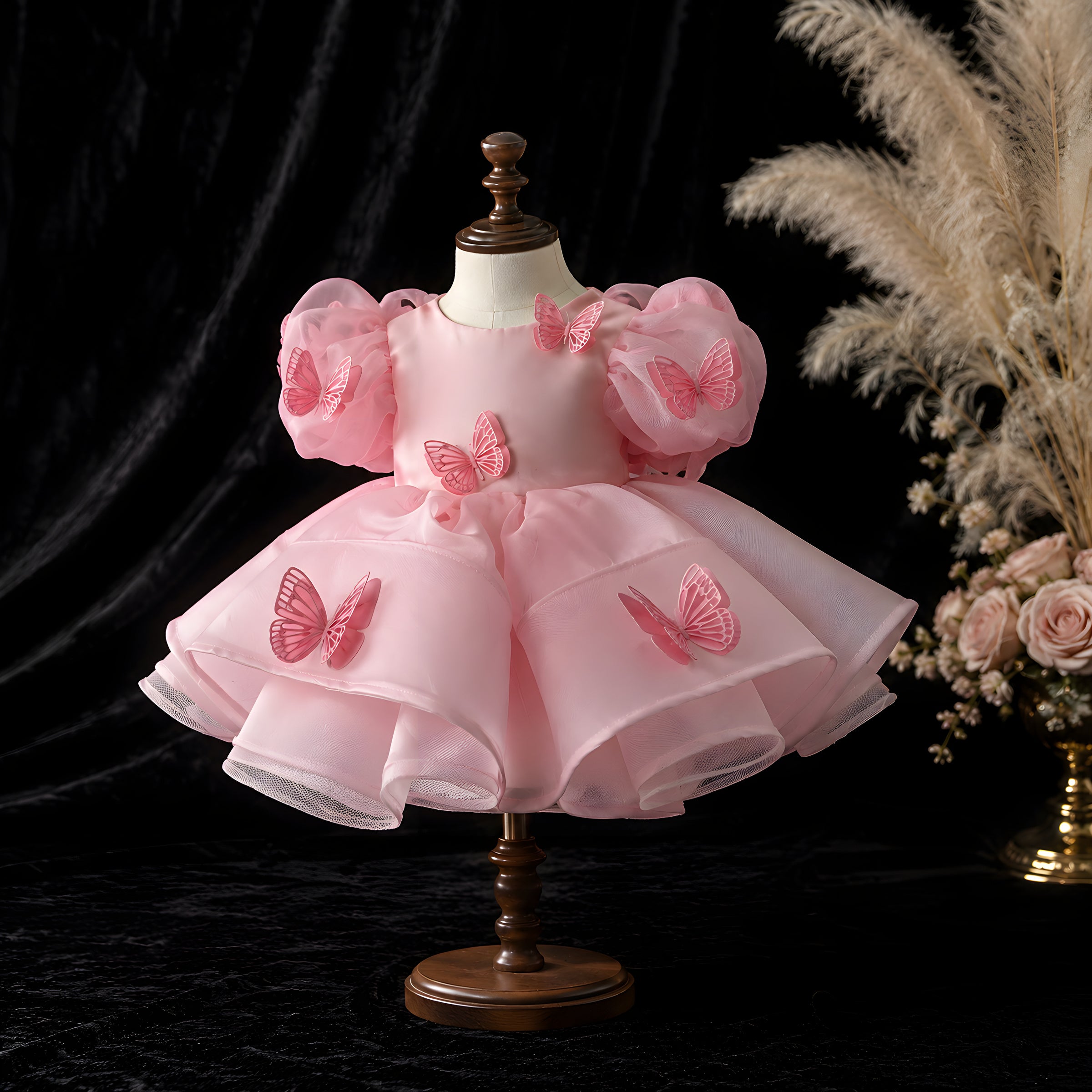 Girls Pink Organza Butterfly Wing Flower Girl Dress - First Birthday, Cake Smash & Photoshoot