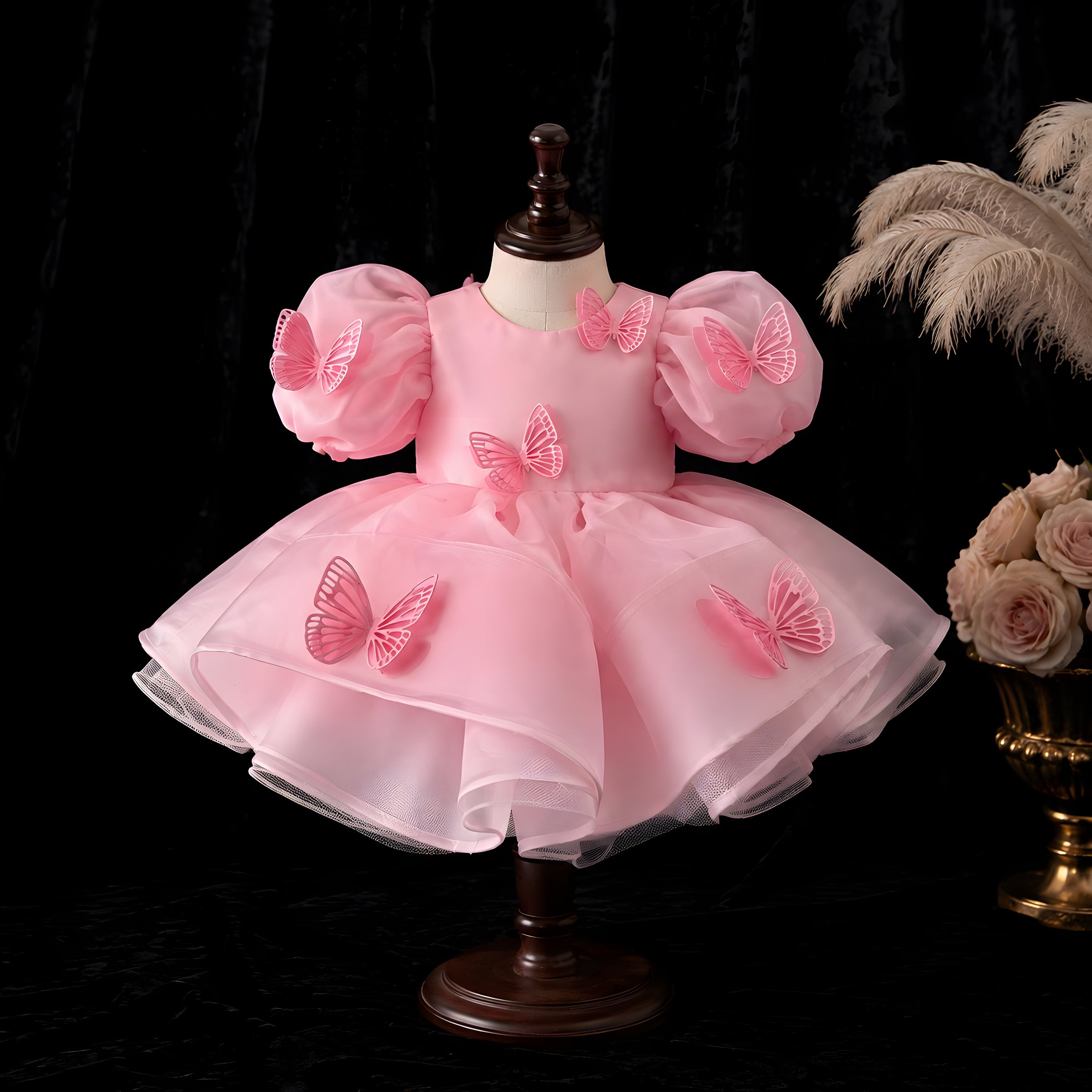 Girls Pink Organza Butterfly Wing Flower Girl Dress - First Birthday, Cake Smash & Photoshoot