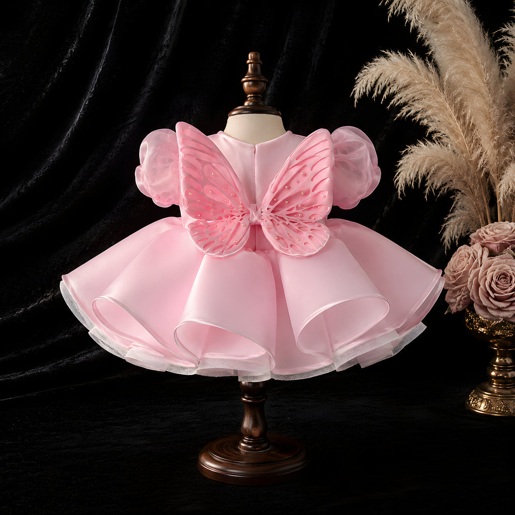 Girls Pink Organza Butterfly Wing Flower Girl Dress - First Birthday, Cake Smash & Photoshoot