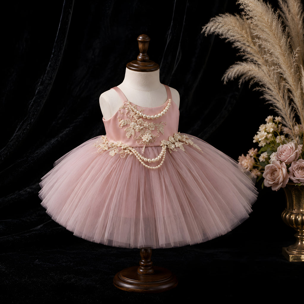 Girls Dusty Rose Tulle Ball Gown with Pearl Chain Straps - Flower Girl, Birthday & Photoshoot