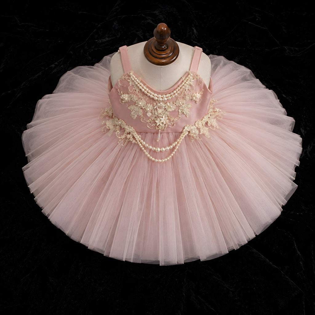 Girls Dusty Rose Tulle Ball Gown with Pearl Chain Straps - Flower Girl, Birthday & Photoshoot