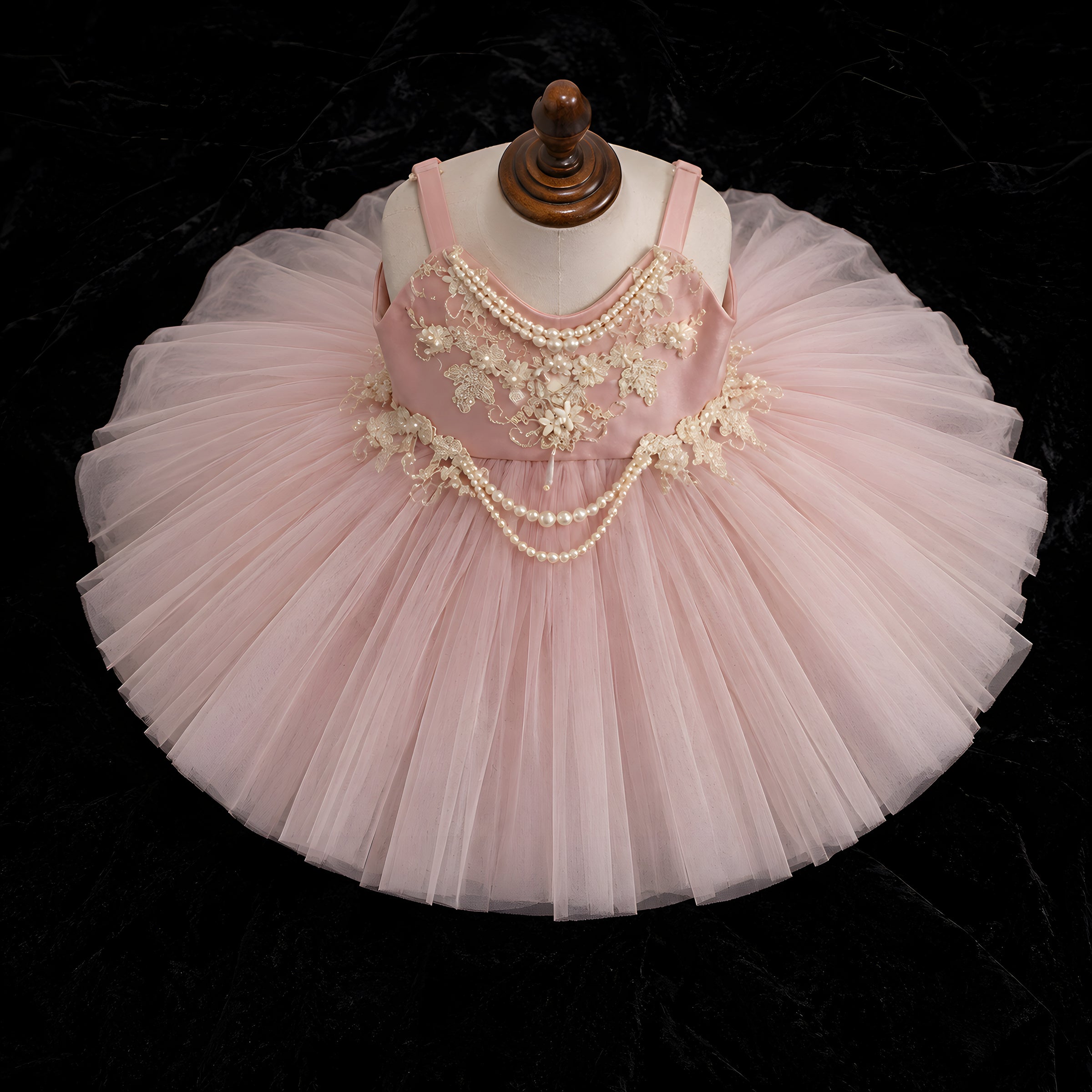 Girls Dusty Rose Tulle Ball Gown with Pearl Chain Straps - Flower Girl, Birthday & Photoshoot