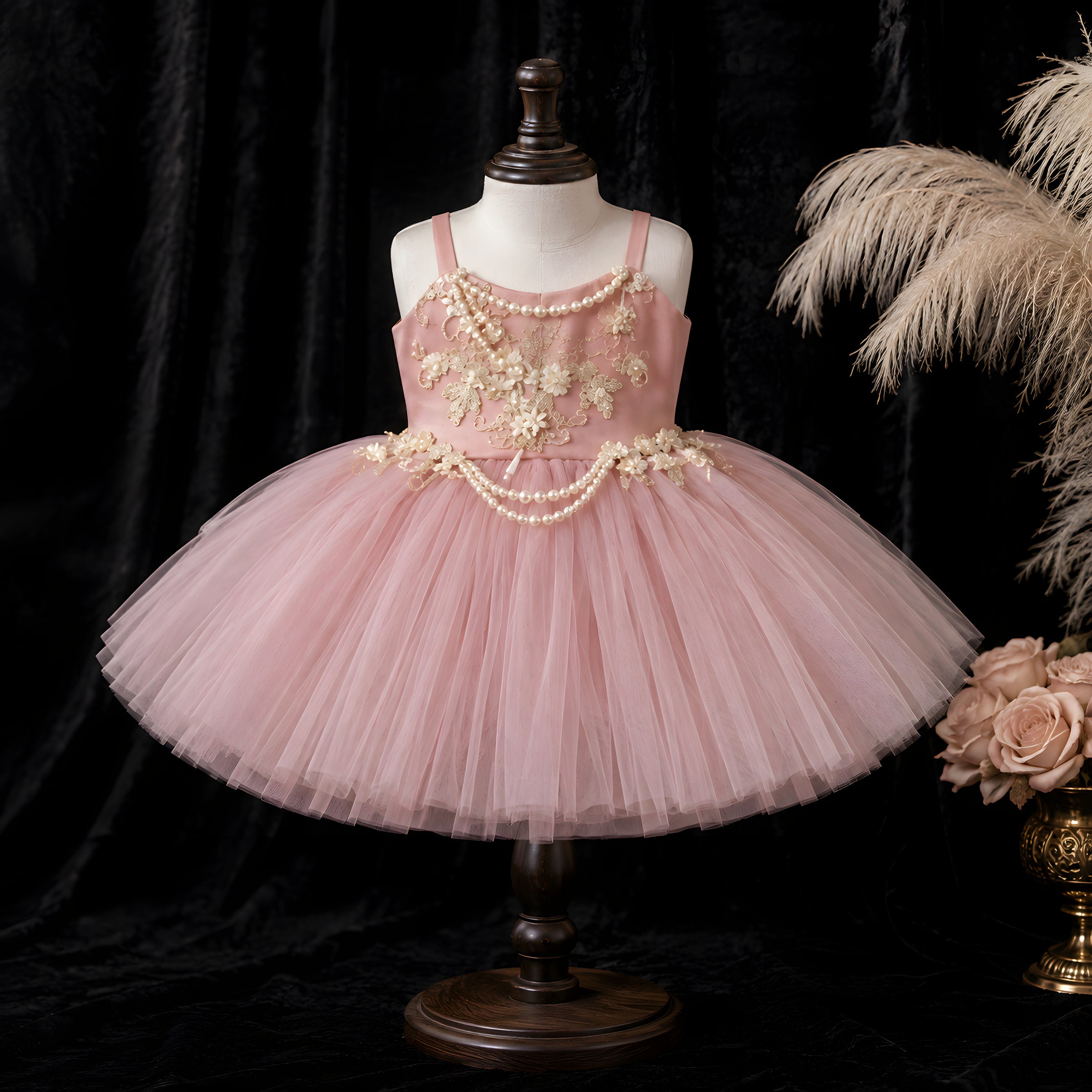 Girls Dusty Rose Tulle Ball Gown with Pearl Chain Straps - Flower Girl, Birthday & Photoshoot