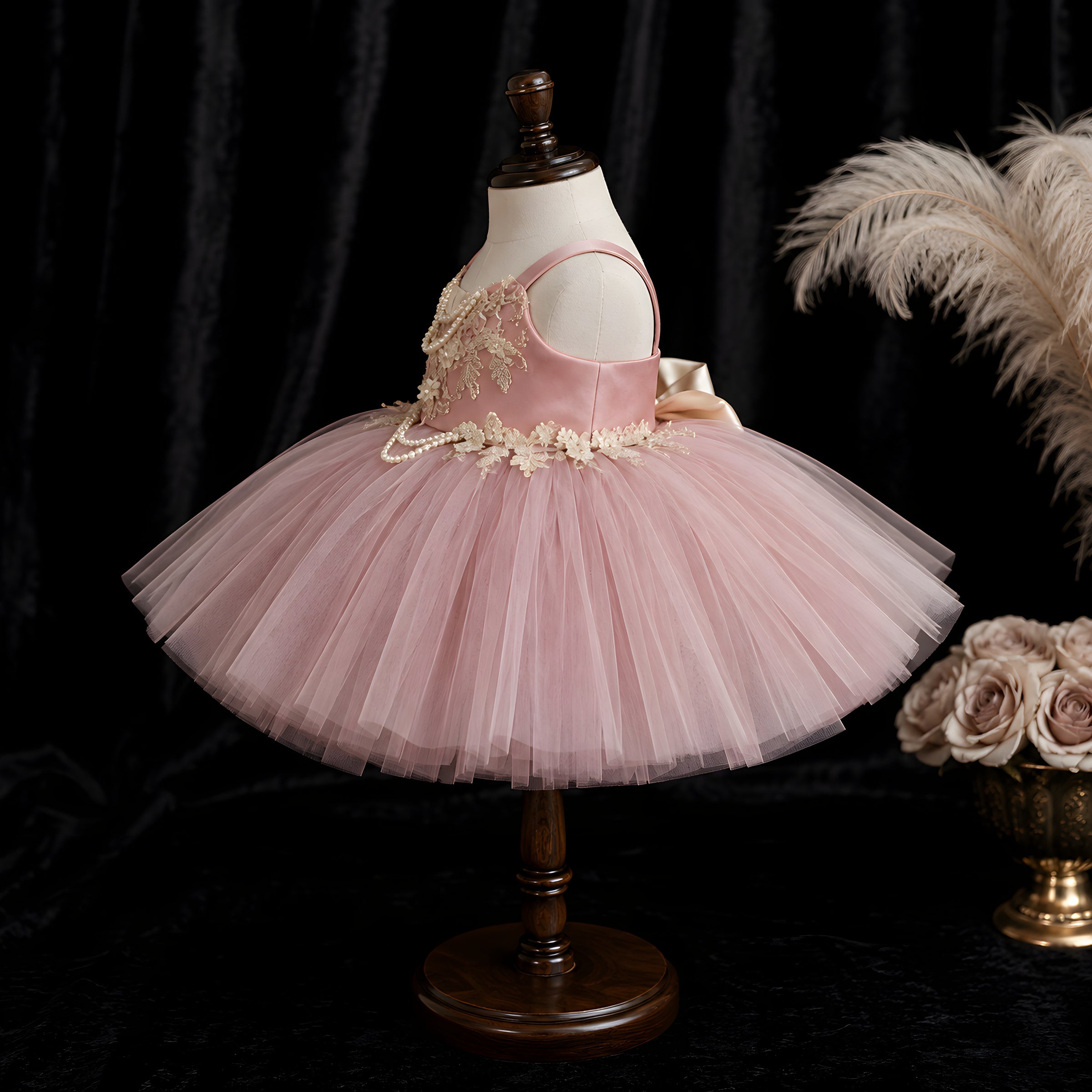 Girls Dusty Rose Tulle Ball Gown with Pearl Chain Straps - Flower Girl, Birthday & Photoshoot