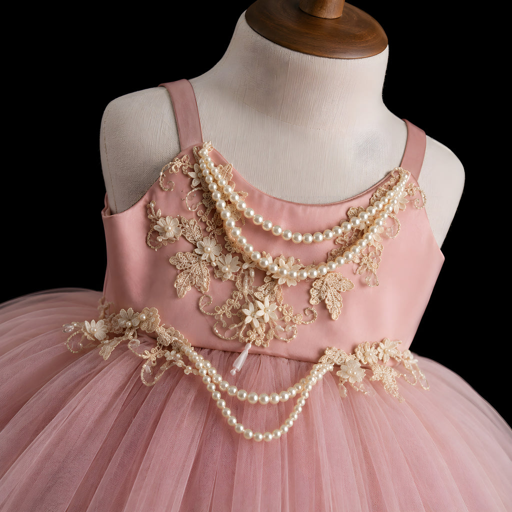 Girls Dusty Rose Tulle Ball Gown with Pearl Chain Straps - Flower Girl, Birthday & Photoshoot