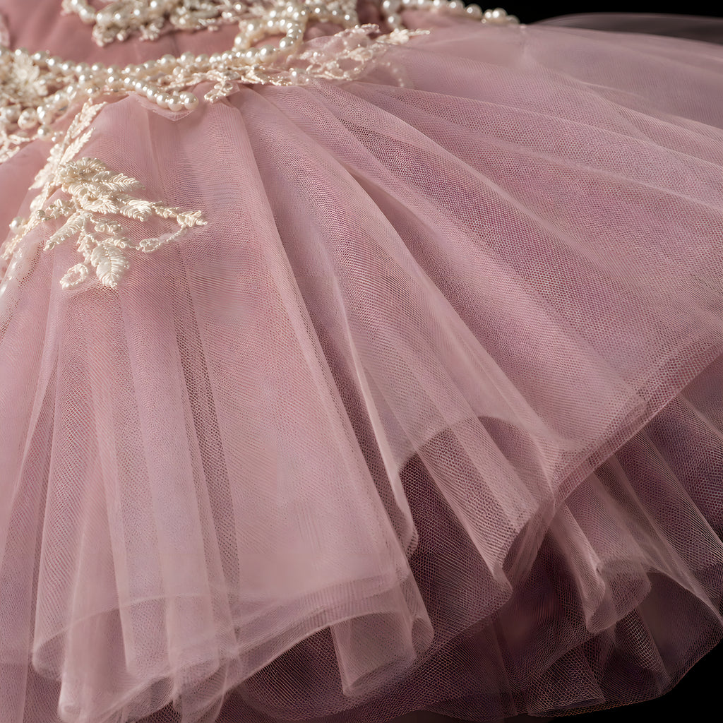 Girls Dusty Rose Tulle Ball Gown with Pearl Chain Straps - Flower Girl, Birthday & Photoshoot