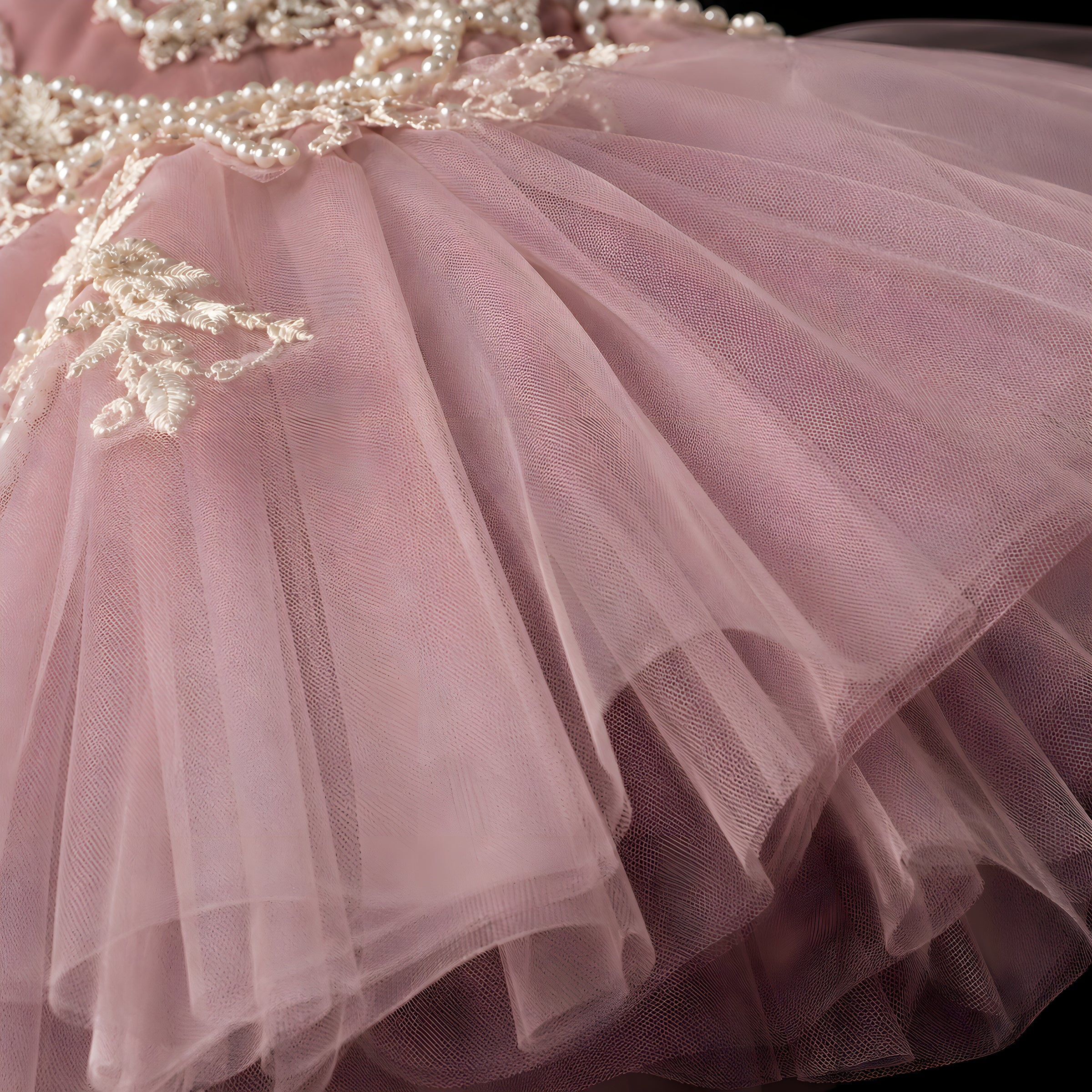 Girls Dusty Rose Tulle Ball Gown with Pearl Chain Straps - Flower Girl, Birthday & Photoshoot