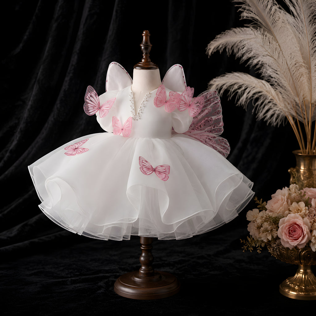 Girls White Organza Butterfly Flower Girl Dress with Pink Glitter Wings - Birthday, Cake Smash & Photoshoot