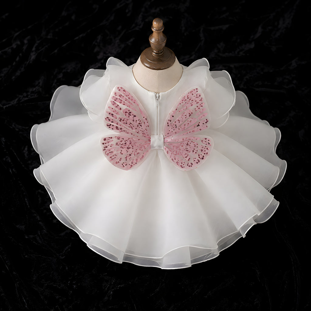 Girls White Organza Butterfly Flower Girl Dress with Pink Glitter Wings - Birthday, Cake Smash & Photoshoot