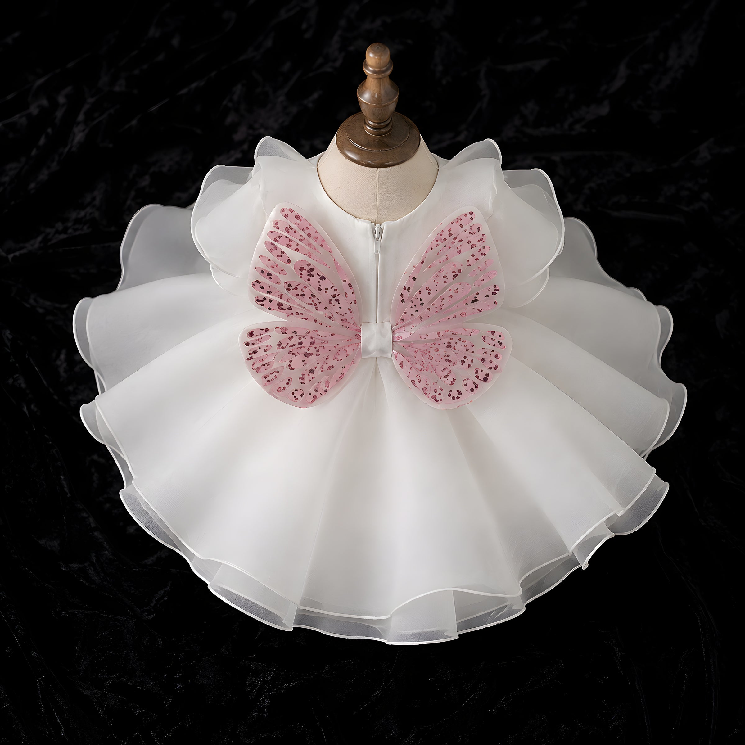 Girls White Organza Butterfly Flower Girl Dress with Pink Glitter Wings - Birthday, Cake Smash & Photoshoot