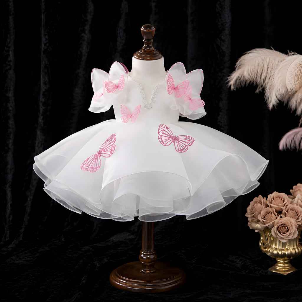 Girls White Organza Butterfly Flower Girl Dress with Pink Glitter Wings - Birthday, Cake Smash & Photoshoot