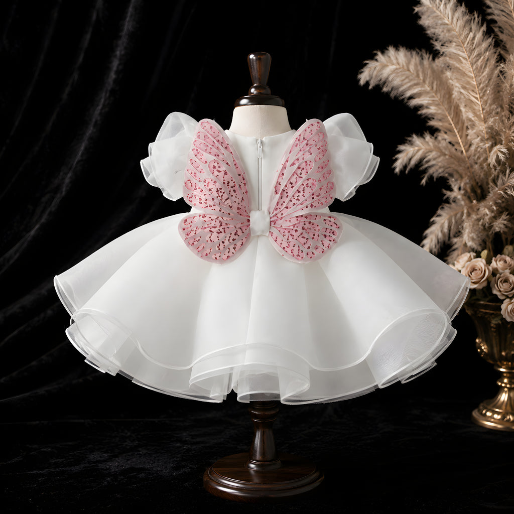 Girls White Organza Butterfly Flower Girl Dress with Pink Glitter Wings - Birthday, Cake Smash & Photoshoot