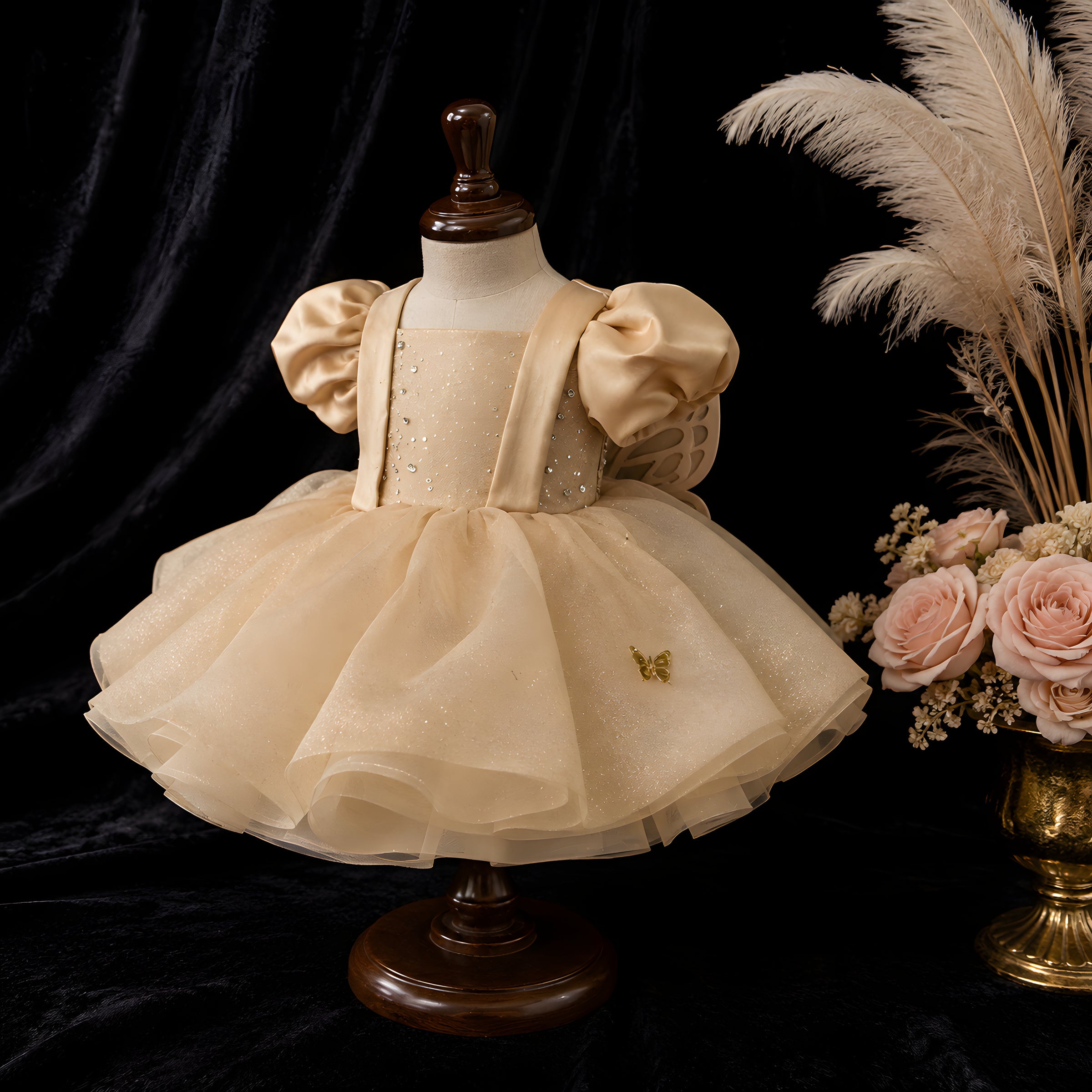 Girls Champagne Organza Butterfly Puff Sleeve Dress - Flower Girl, Birthday & Photoshoot