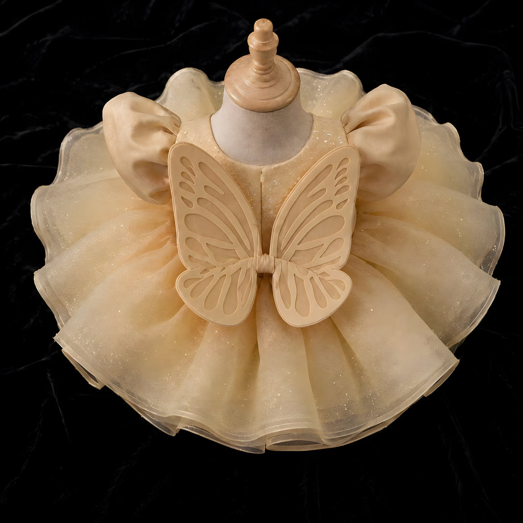 Girls Champagne Organza Butterfly Puff Sleeve Dress - Flower Girl, Birthday & Photoshoot