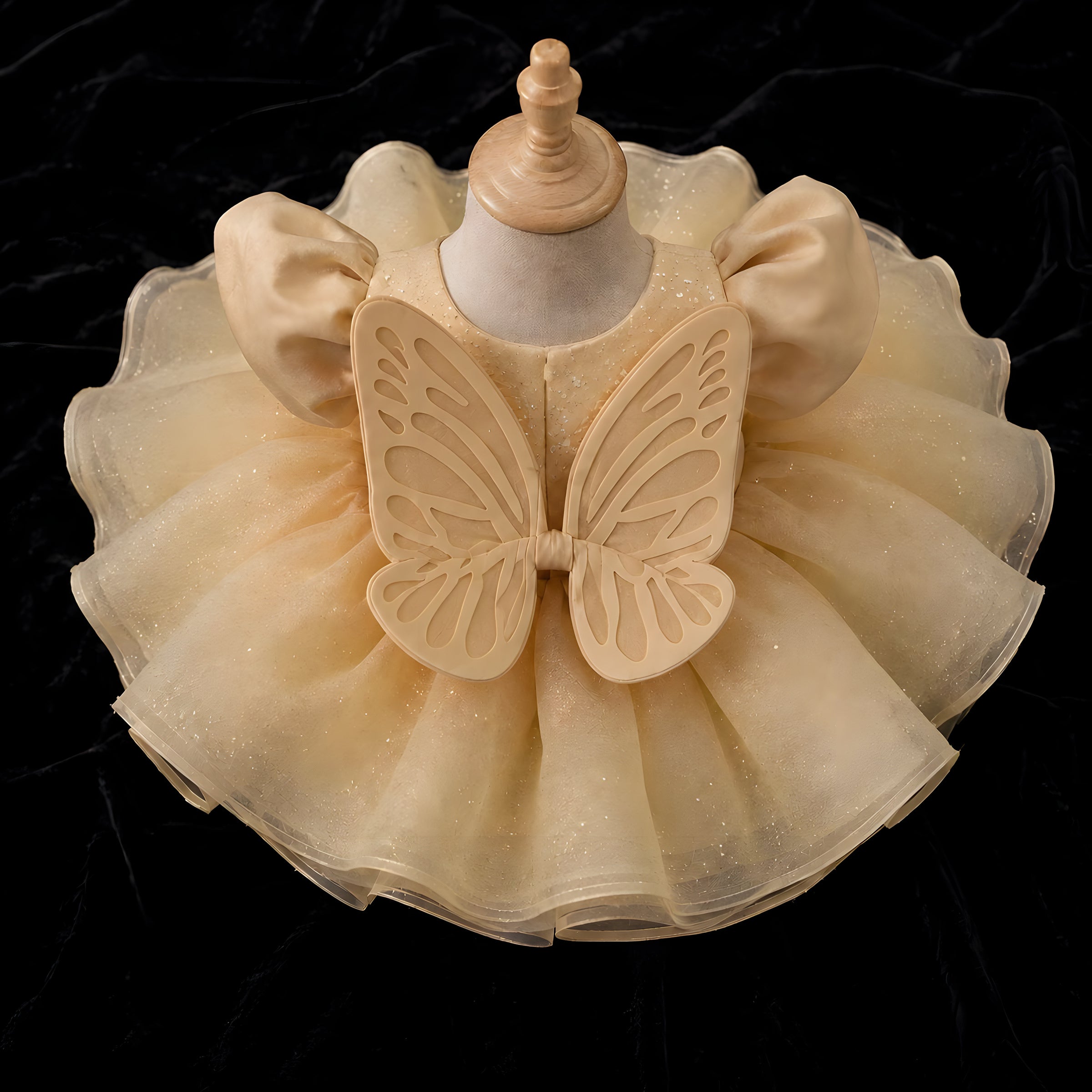 Girls Champagne Organza Butterfly Puff Sleeve Dress - Flower Girl, Birthday & Photoshoot
