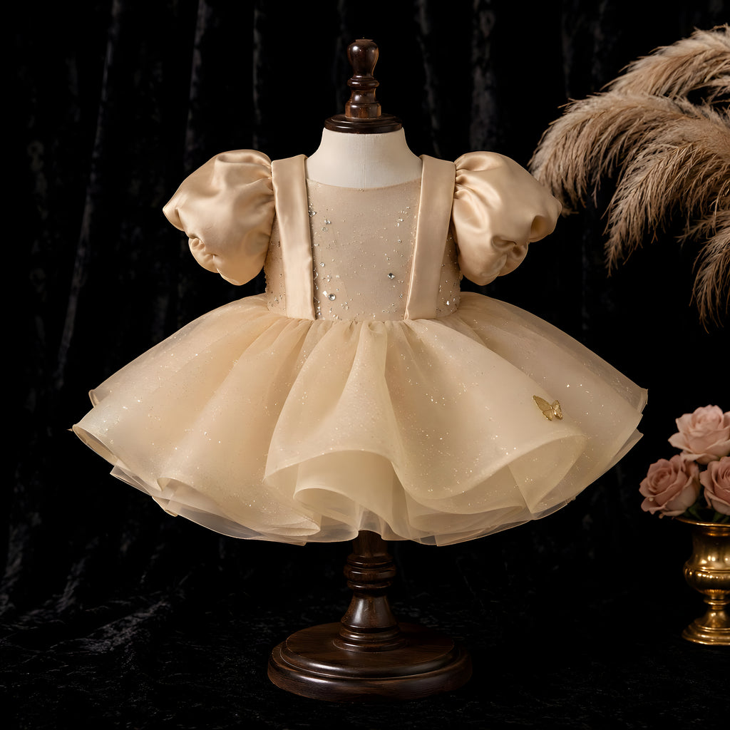 Girls Champagne Organza Butterfly Puff Sleeve Dress - Flower Girl, Birthday & Photoshoot