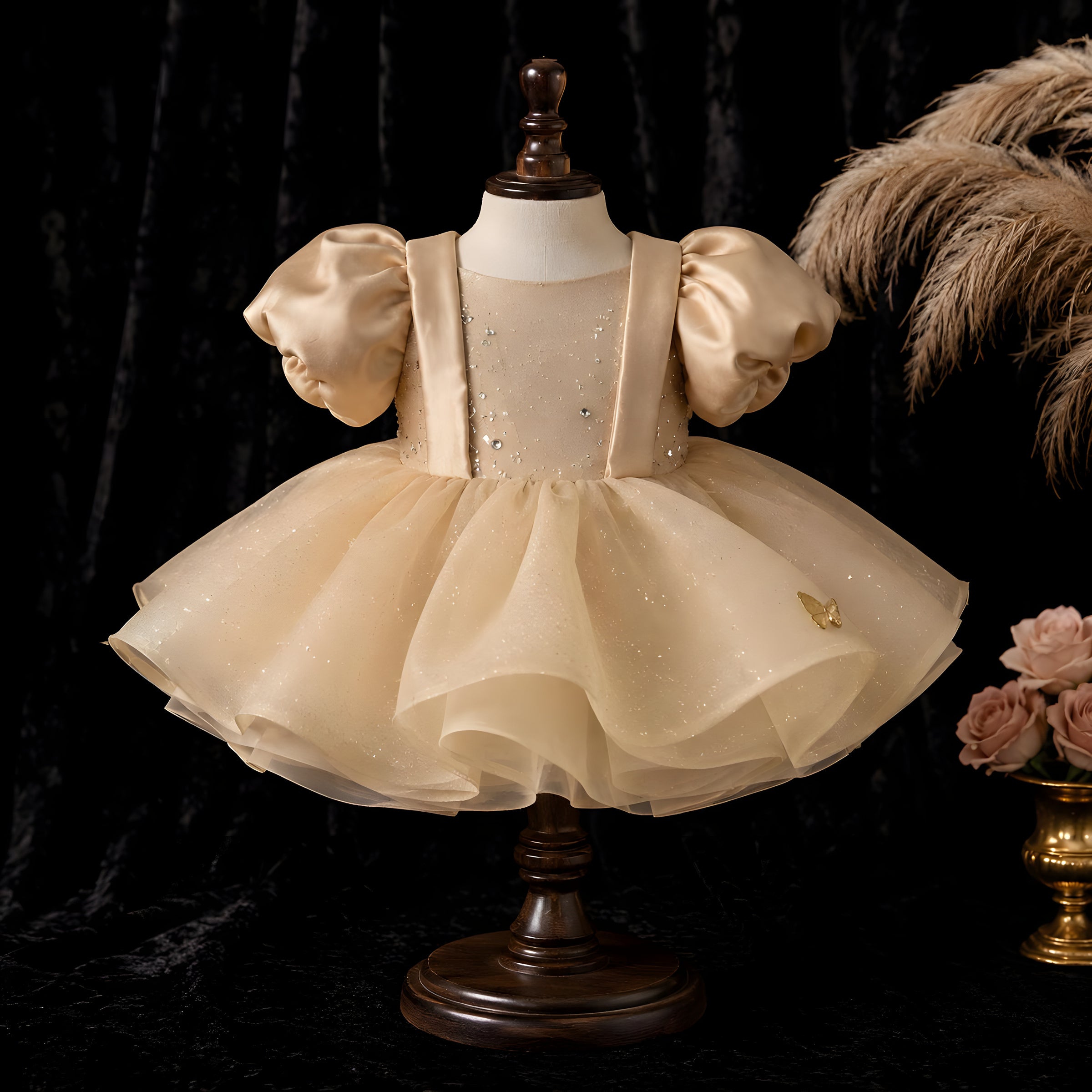 Girls Champagne Organza Butterfly Puff Sleeve Dress - Flower Girl, Birthday & Photoshoot