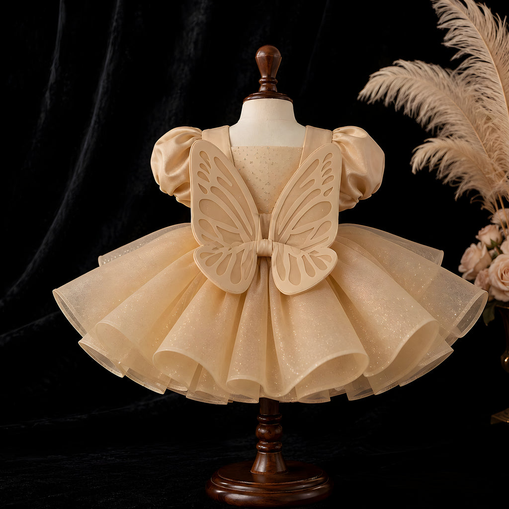 Girls Champagne Organza Butterfly Puff Sleeve Dress - Flower Girl, Birthday & Photoshoot