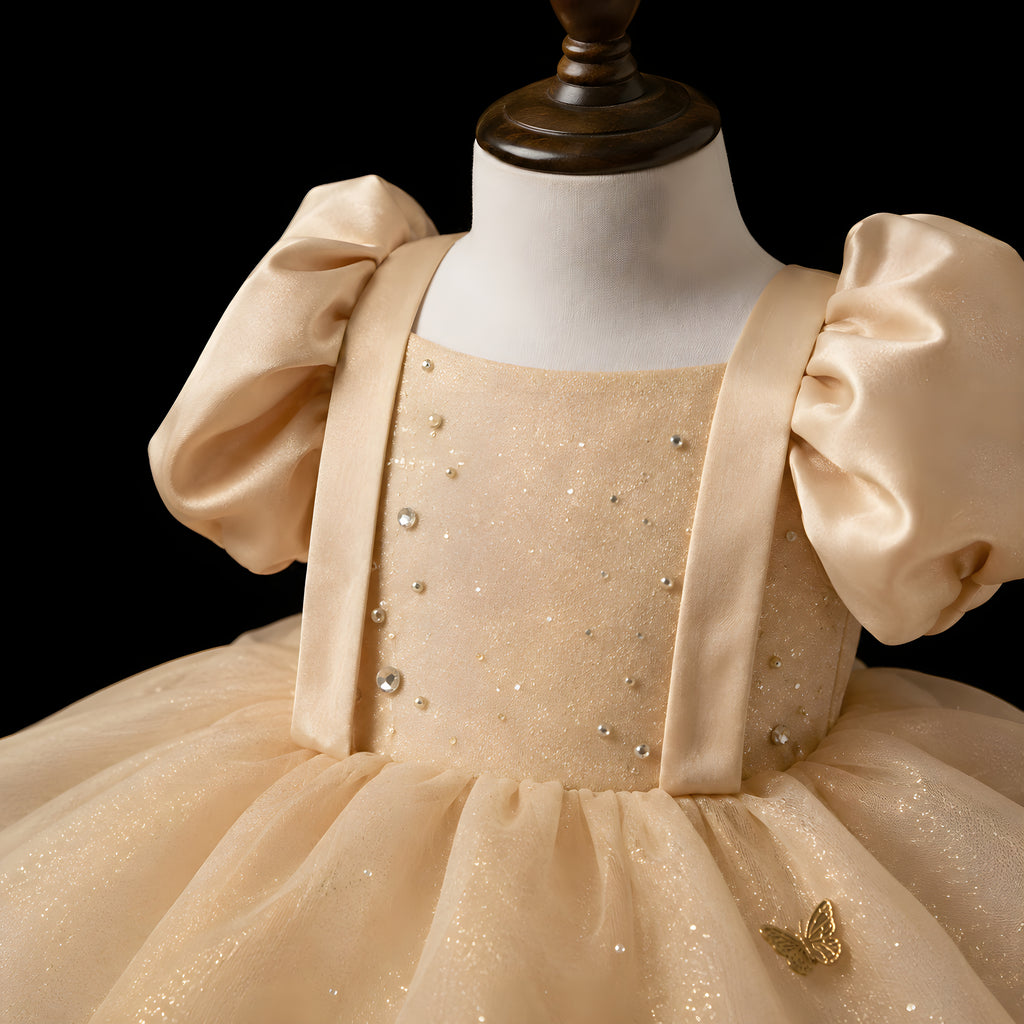 Girls Champagne Organza Butterfly Puff Sleeve Dress - Flower Girl, Birthday & Photoshoot