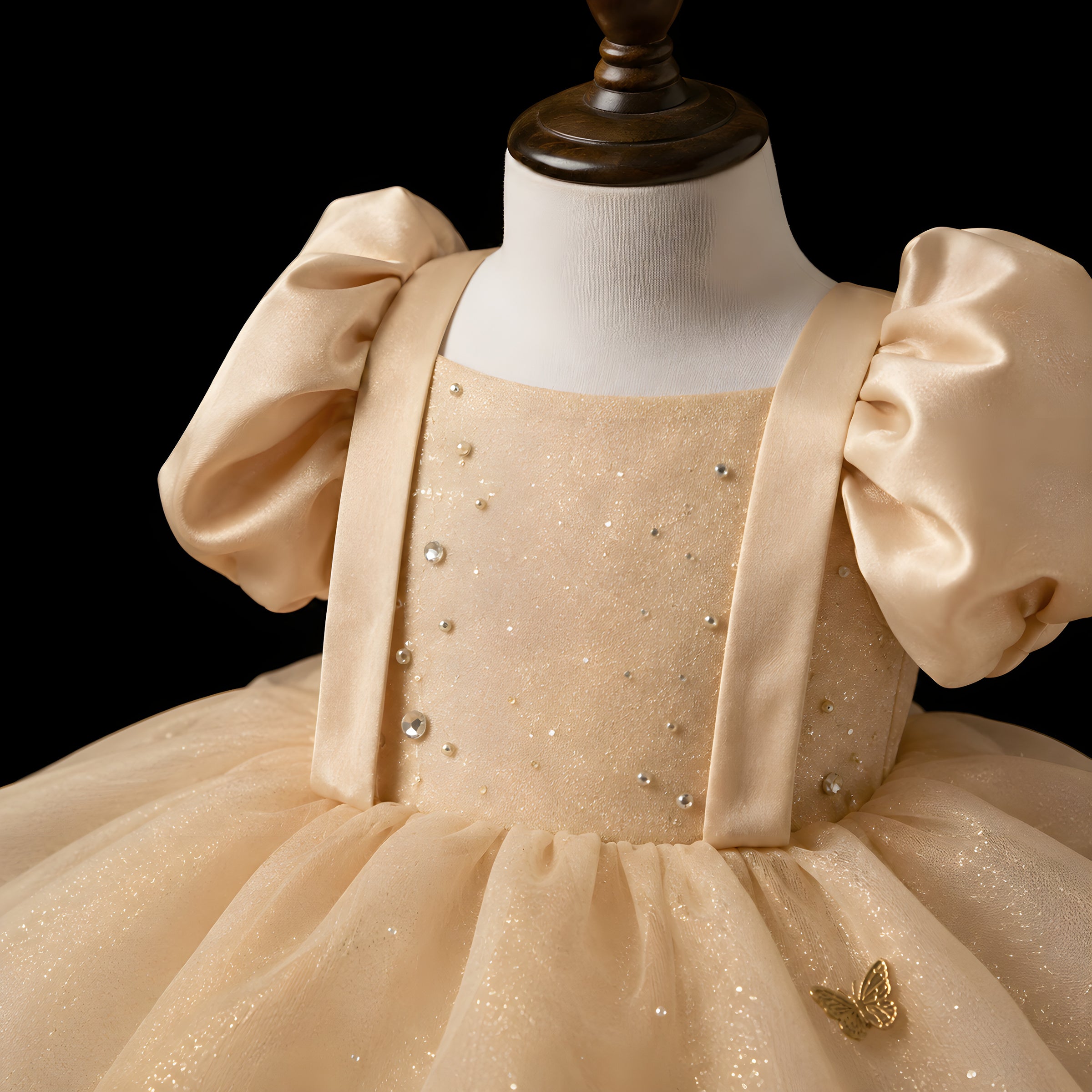 Girls Champagne Organza Butterfly Puff Sleeve Dress - Flower Girl, Birthday & Photoshoot