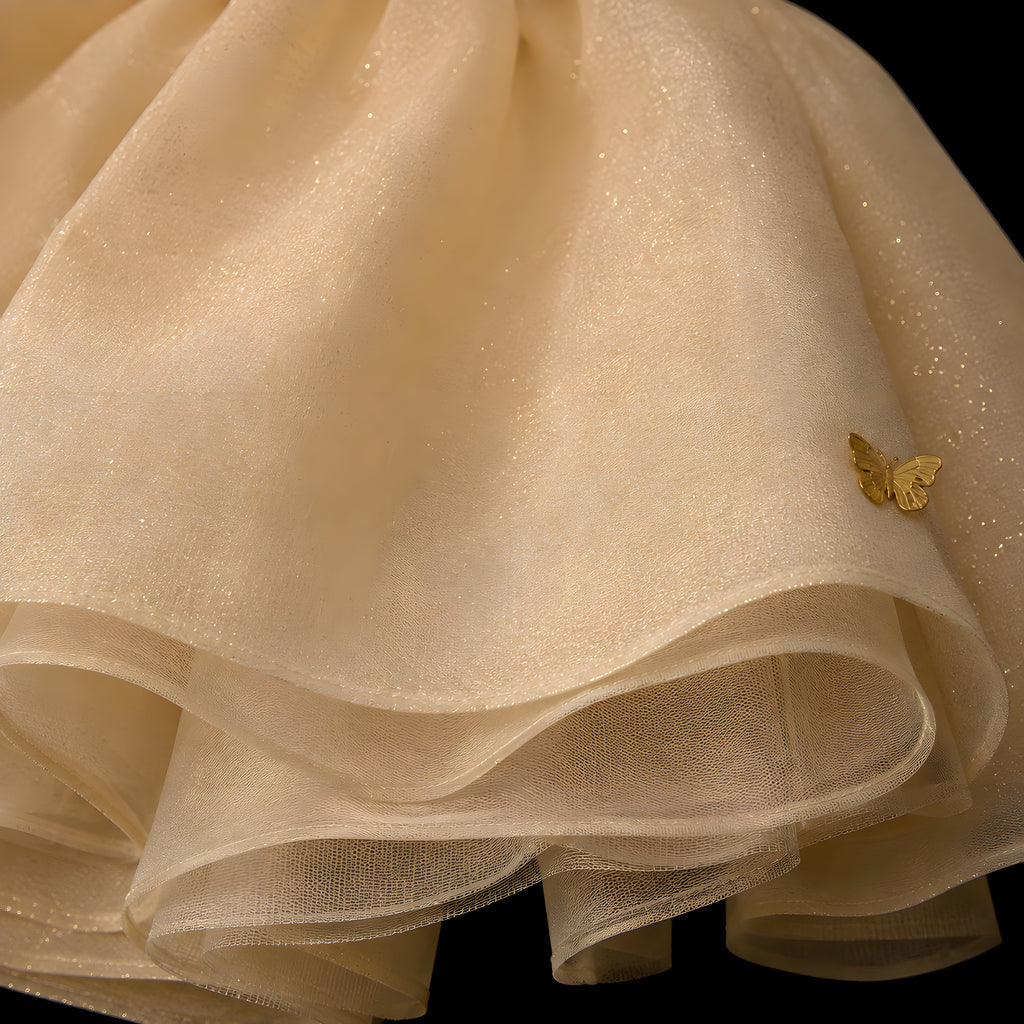 Girls Champagne Organza Butterfly Puff Sleeve Dress - Flower Girl, Birthday & Photoshoot