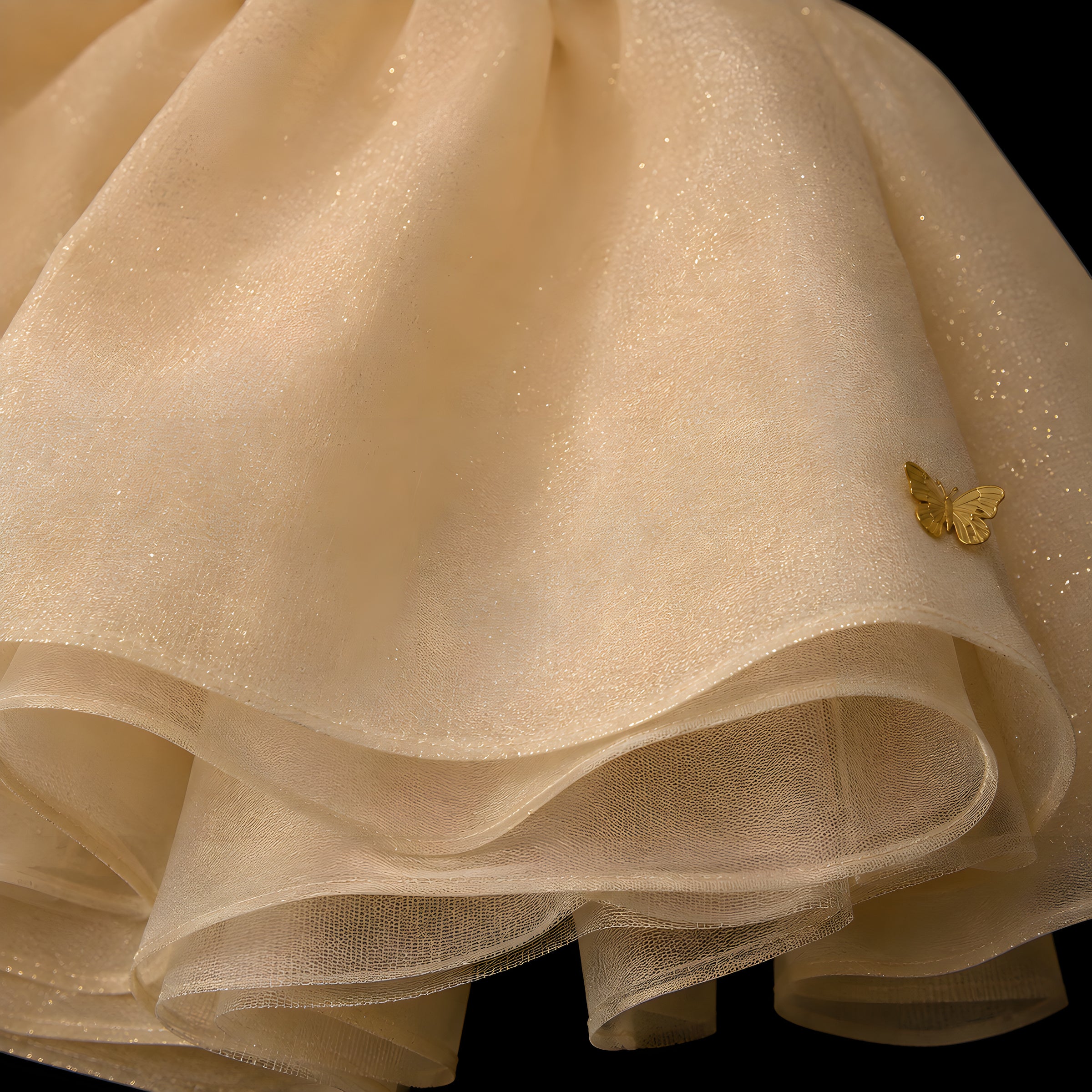 Girls Champagne Organza Butterfly Puff Sleeve Dress - Flower Girl, Birthday & Photoshoot