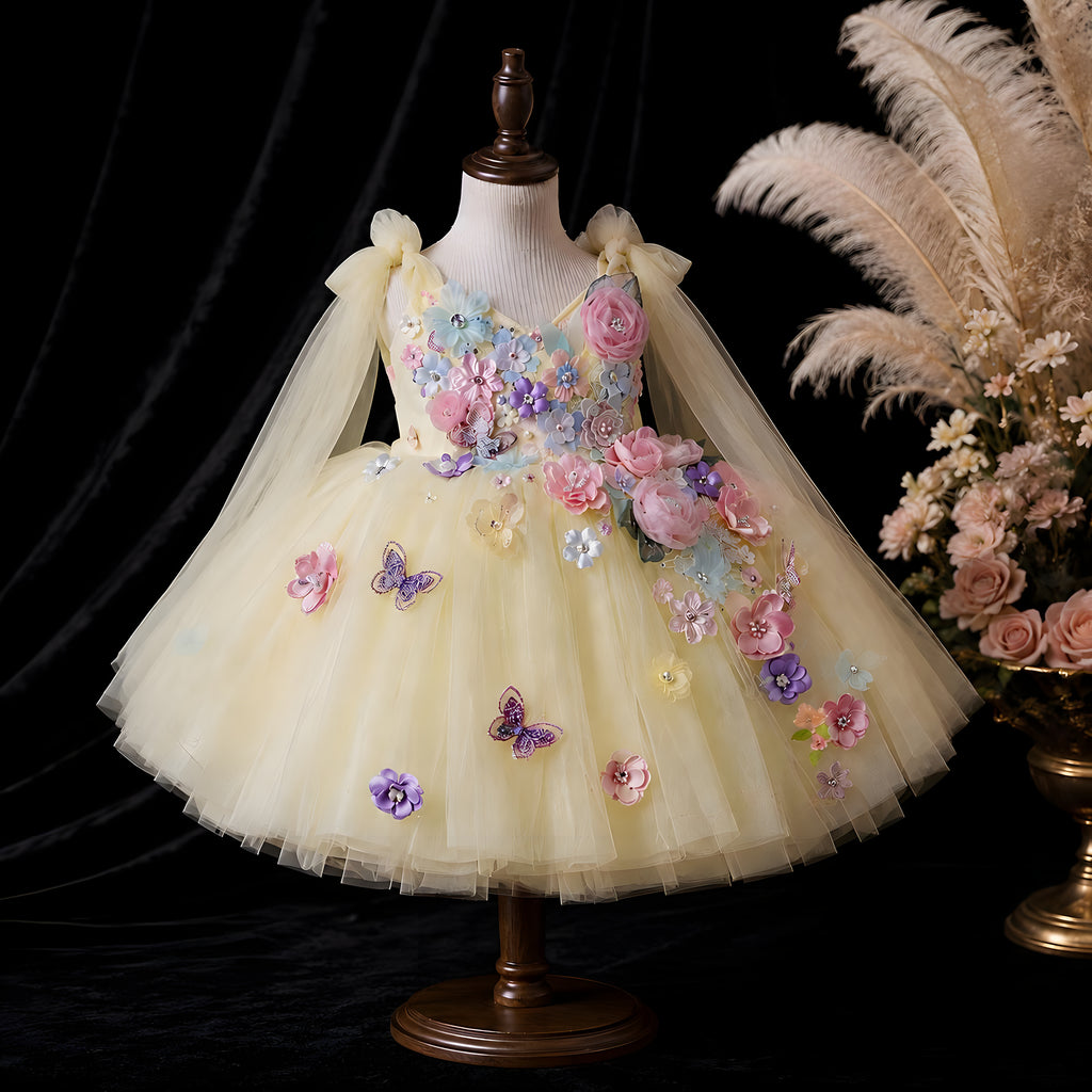Girls Butter Yellow Tulle Flower Girl Dress with 3D Flowers & Butterflies - Birthday, Photoshoot & Party