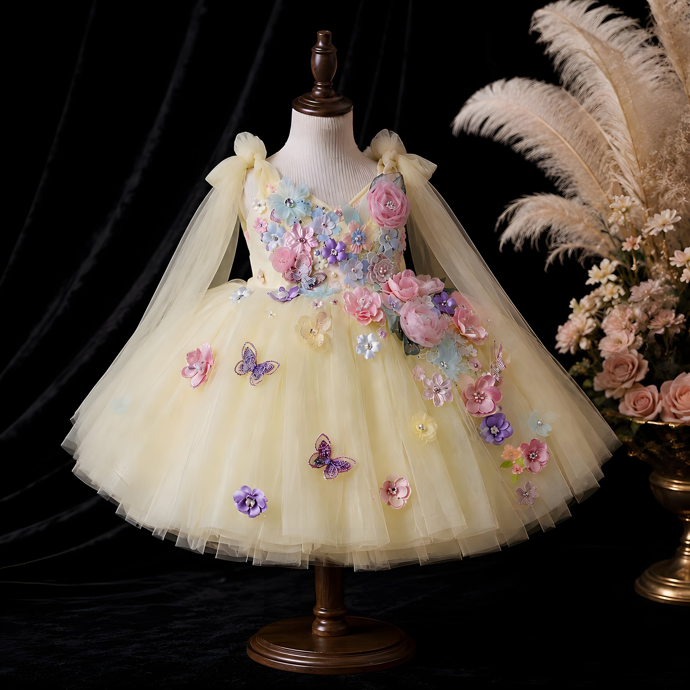 Girls Butter Yellow Tulle Flower Girl Dress with 3D Flowers & Butterflies - Birthday, Photoshoot & Party