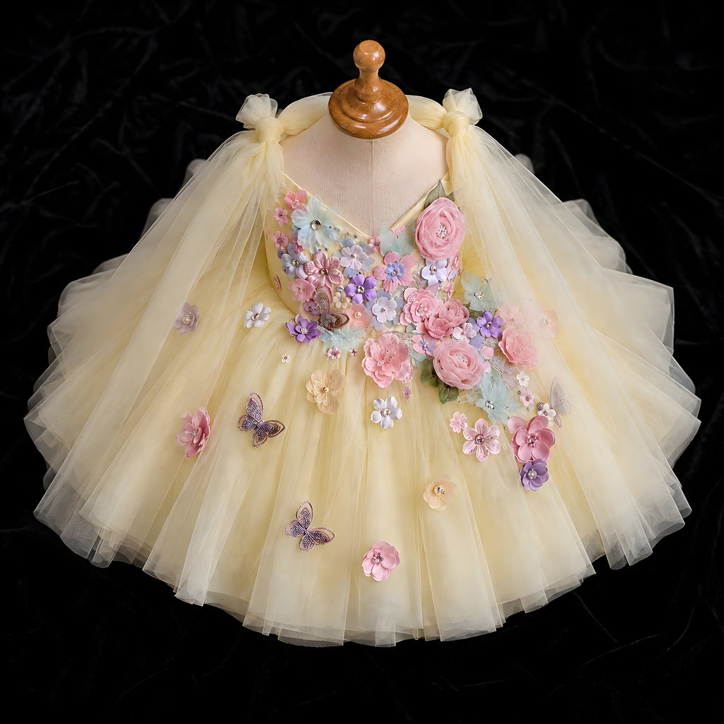 Girls Butter Yellow Tulle Flower Girl Dress with 3D Flowers & Butterflies - Birthday, Photoshoot & Party