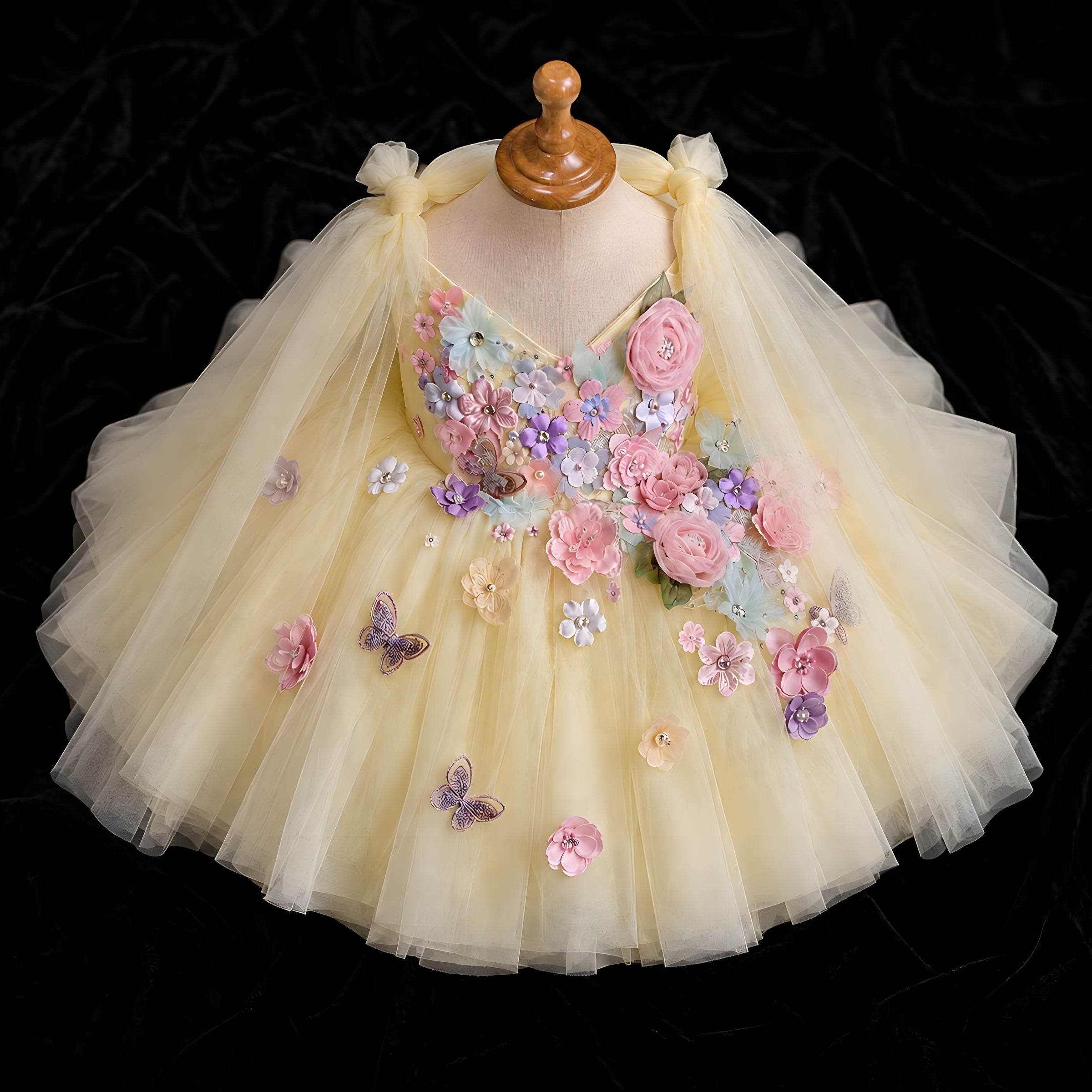 Girls Butter Yellow Tulle Flower Girl Dress with 3D Flowers & Butterflies - Birthday, Photoshoot & Party