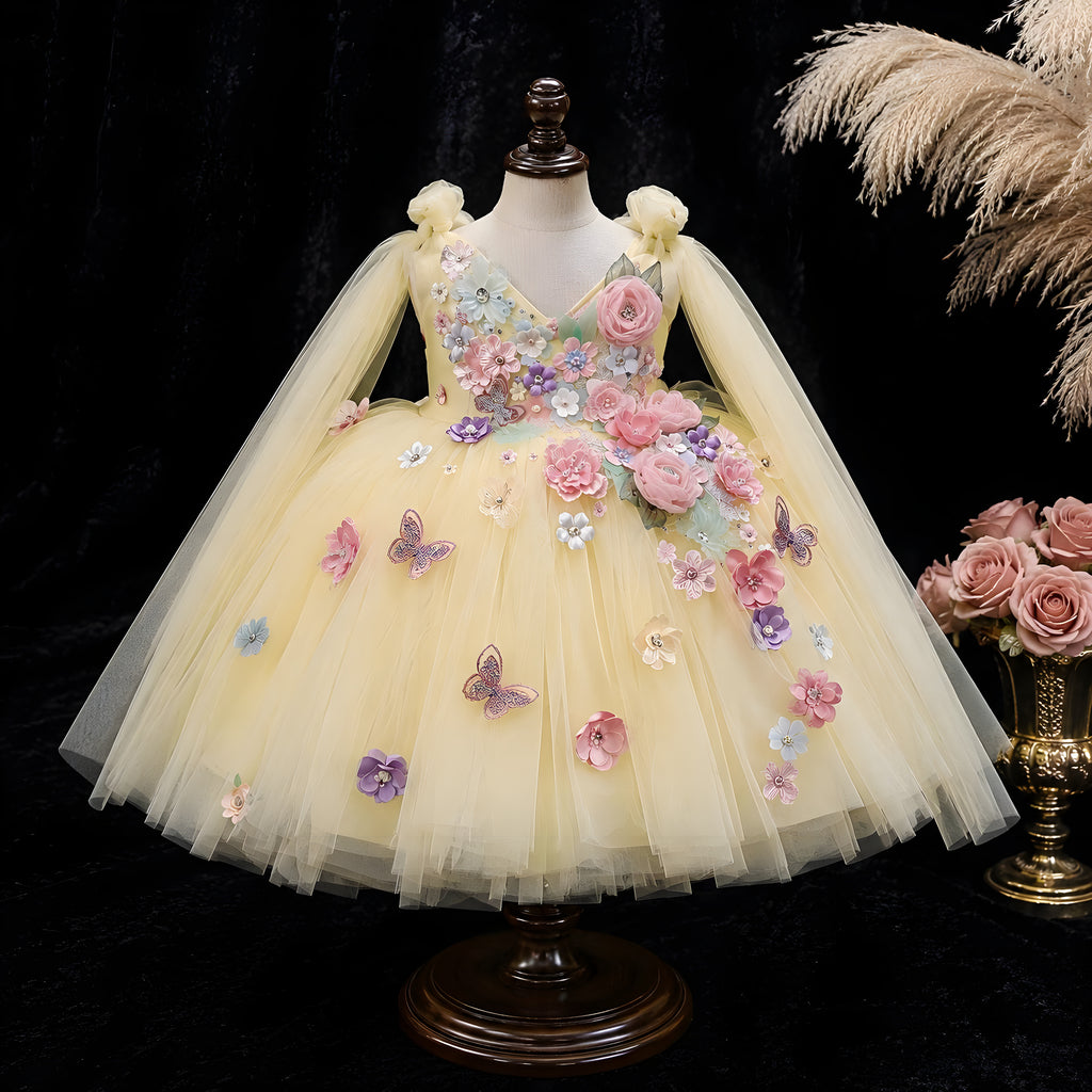 Girls Butter Yellow Tulle Flower Girl Dress with 3D Flowers & Butterflies - Birthday, Photoshoot & Party