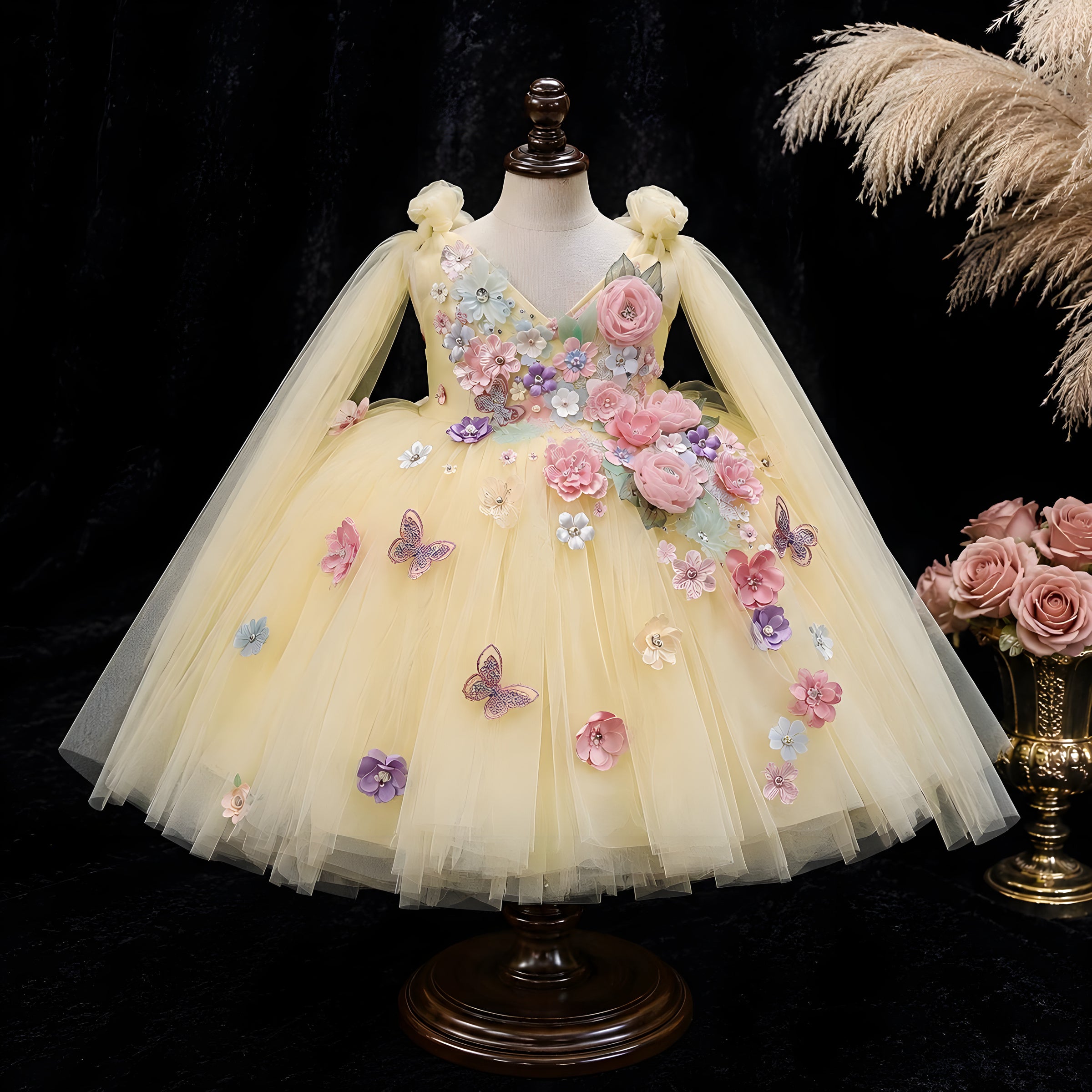 Girls Butter Yellow Tulle Flower Girl Dress with 3D Flowers & Butterflies - Birthday, Photoshoot & Party