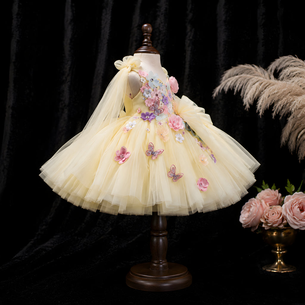 Girls Butter Yellow Tulle Flower Girl Dress with 3D Flowers & Butterflies - Birthday, Photoshoot & Party