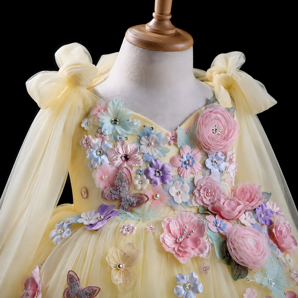 Girls Butter Yellow Tulle Flower Girl Dress with 3D Flowers & Butterflies - Birthday, Photoshoot & Party