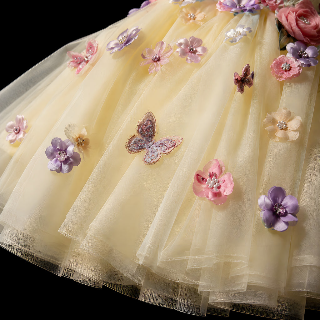 Girls Butter Yellow Tulle Flower Girl Dress with 3D Flowers & Butterflies - Birthday, Photoshoot & Party