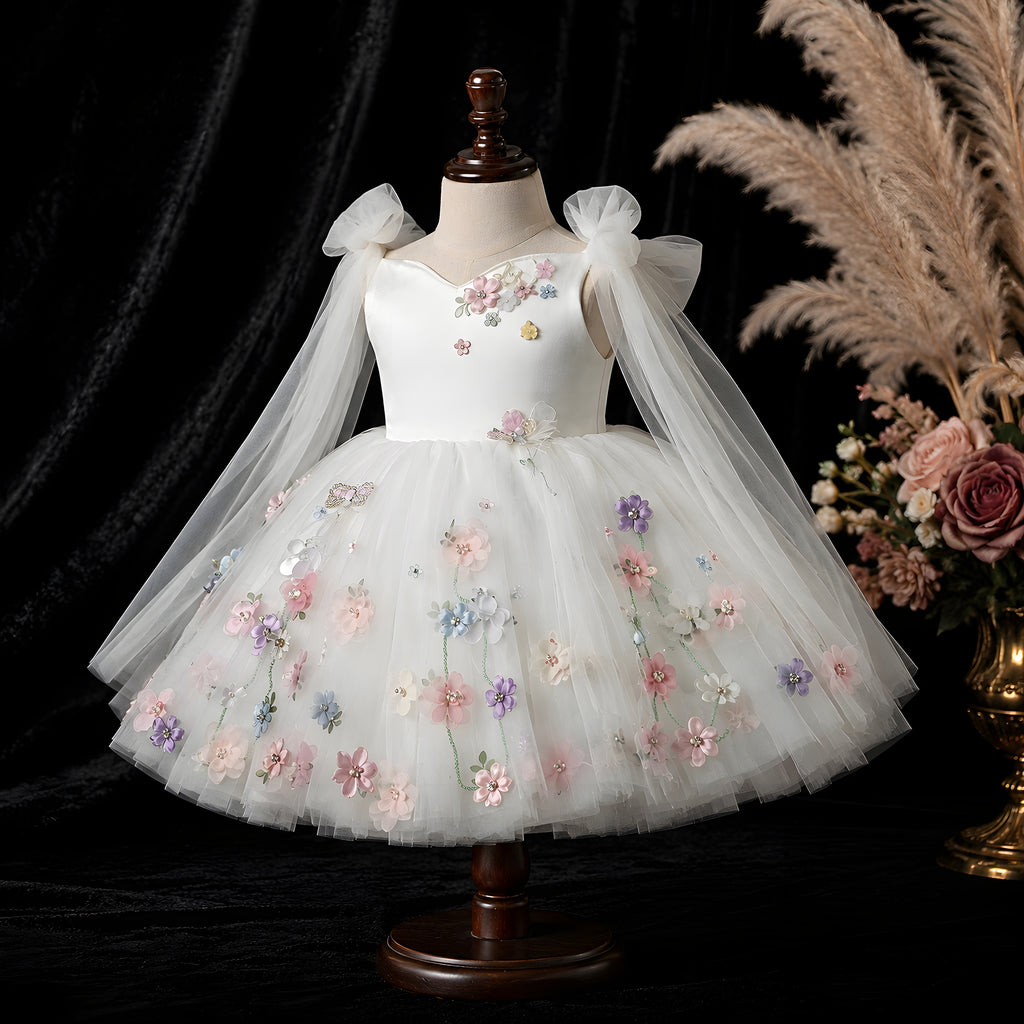 Girls Ivory Off-Shoulder Tulle Ball Gown with 3D Flowers - Flower Girl, First Birthday & Photoshoot