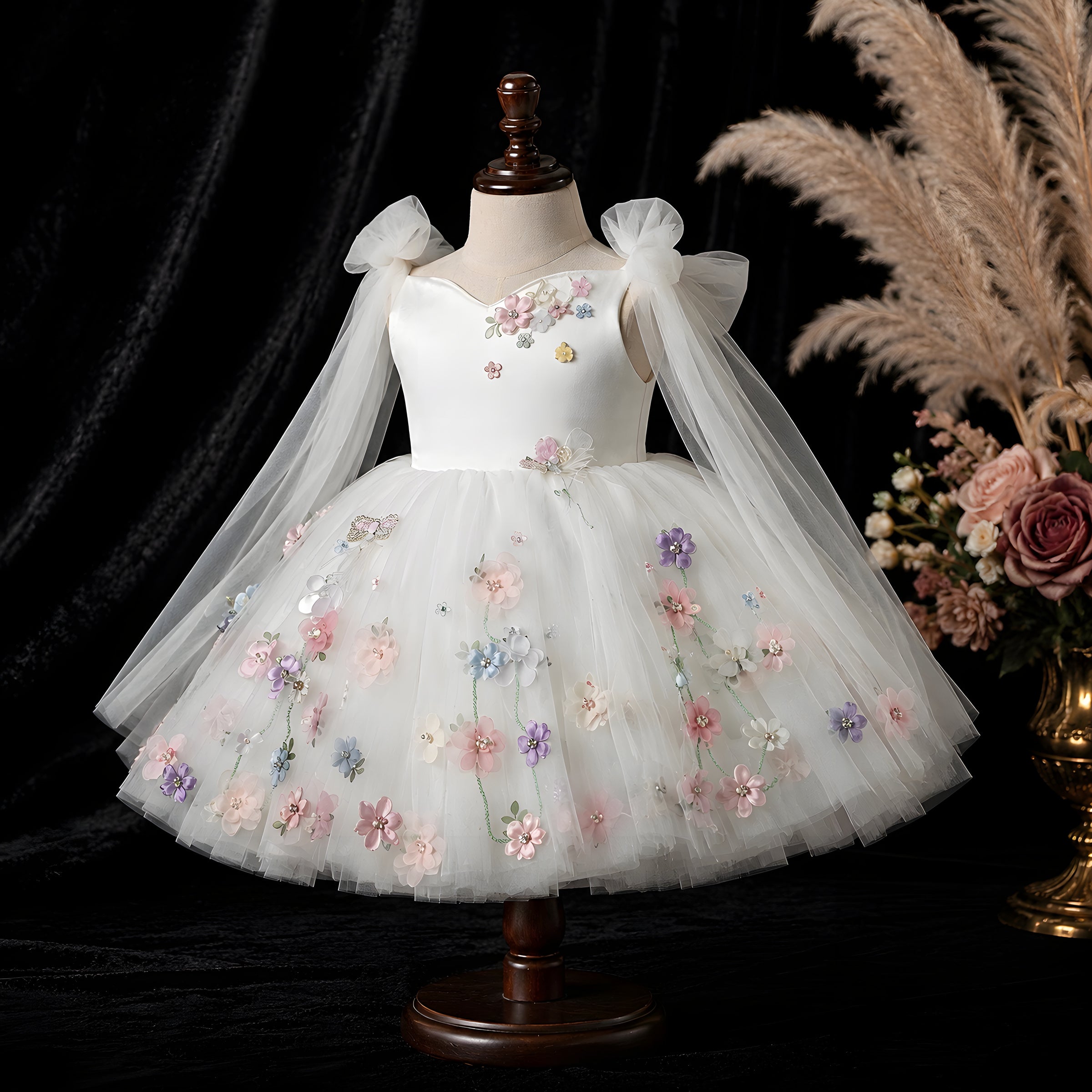 Girls Ivory Off-Shoulder Tulle Ball Gown with 3D Flowers - Flower Girl, First Birthday & Photoshoot