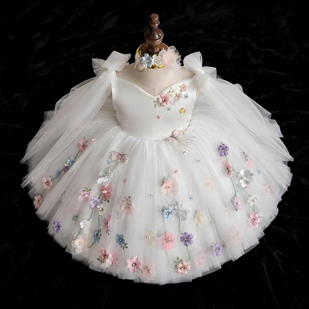Girls Ivory Off-Shoulder Tulle Ball Gown with 3D Flowers - Flower Girl, First Birthday & Photoshoot
