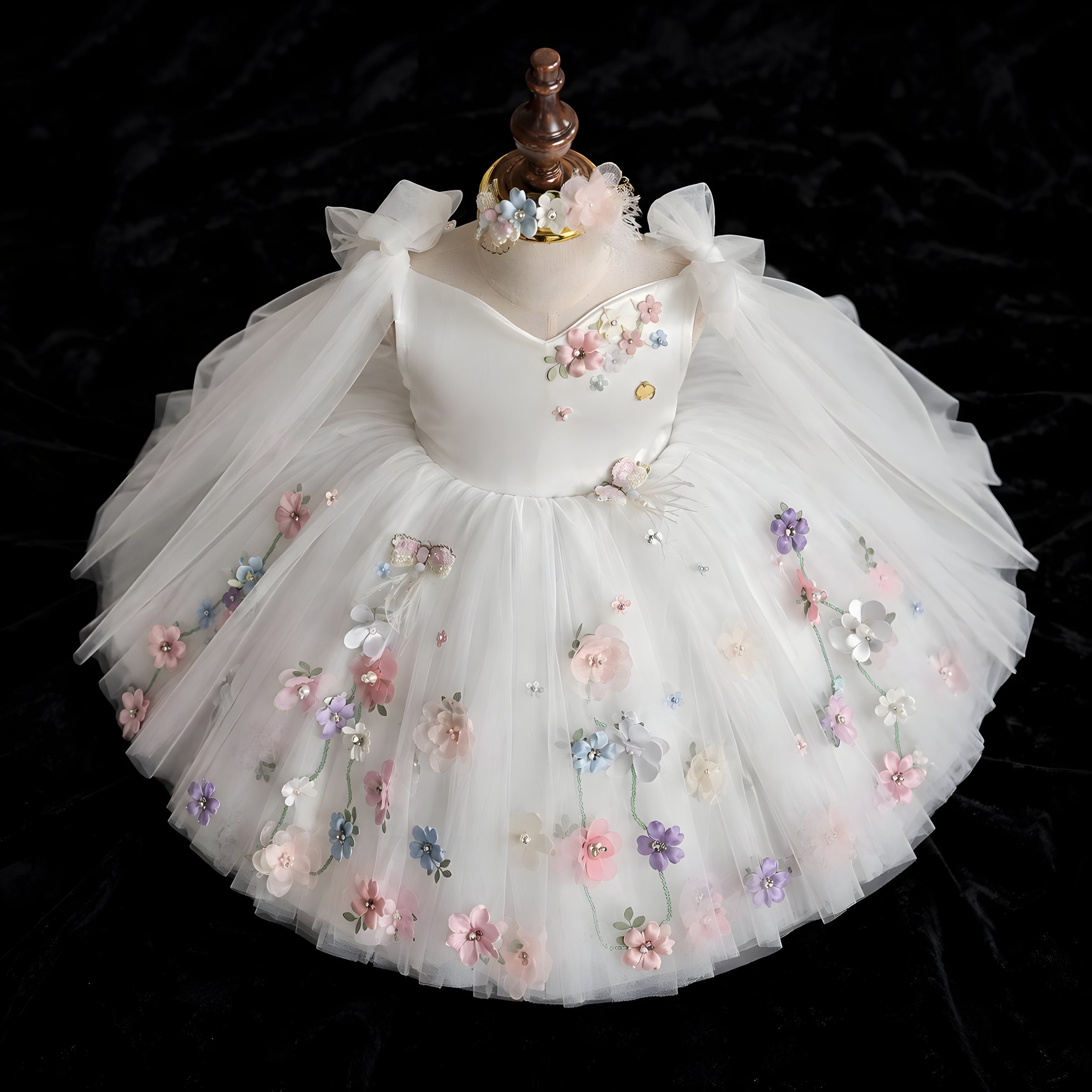 Girls Ivory Off-Shoulder Tulle Ball Gown with 3D Flowers - Flower Girl, First Birthday & Photoshoot
